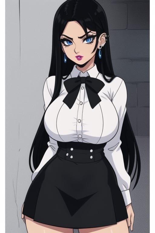 1 woman, sexy and tough, big breasts, wide hips, gothic girl with long hair, black eyeliner, black painted lips, tight clothes, short skirt, blue eyes, black hair, ear piercings, formal clothes