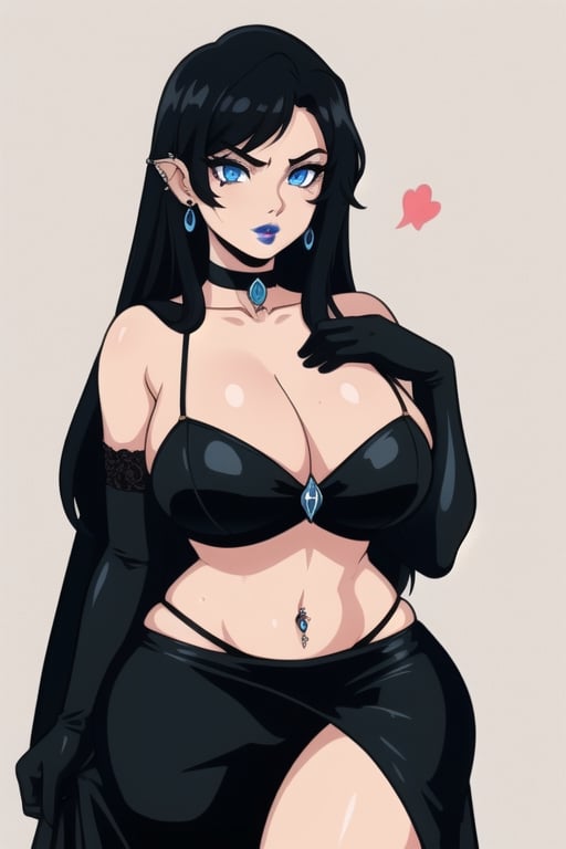 1 woman, sexy and tough, big breasts, wide hips, gothic girl with long hair, black eyeliner, black painted lips, gloves, blue eyes, black hair, ear piercings, choker, wedding dress