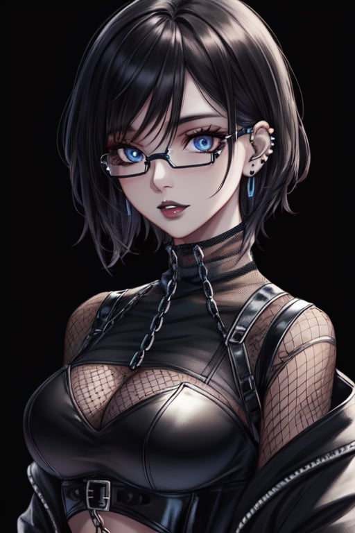 (best quality,4k, ultra detailed, ultra high resolution, high quality, detailed image, HD background, beautiful detailed face:1.3),((masterpiece)),(illustration),city((1 woman)),(Full-bust high neck with mesh cups:1.8),glasses,gothic girl with short hair, black eyeliner,(black painted lips:1.5),big dark lips,very dark blue lips), fingerless gloves, blue eyes,(well-made eyes, even eyes, well-drawn eyes), pretty eyes,Beautiful lips, black hair, hair with violet highlights, ear piercings, choker, fishnet stockings, jacket, chain, exposed navel, tattoo ,skirt,waist shaping corset,