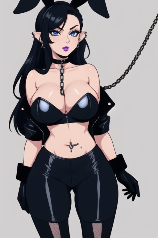 1 woman, sexy and tough, big breasts, big ass and wide hips, gothic girl with long hair, black eyeliner, black painted lips, tight clothes, exposed navel, chain, gloves, blue eyes, black hair, piercings ears, fishnet leggings, jacket, choker,playboy suit