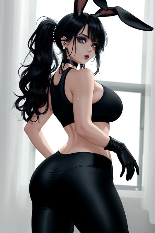 1 woman, sexy and tough, big breasts, big ass and wide hips, gothic girl with long hair, black eyeliner, black painted lips, gloves, blue eyes, black hair, ear piercings, choker, sportswear, rabbit ears, semi-human, inhuman, sweating, doing yoga exercise