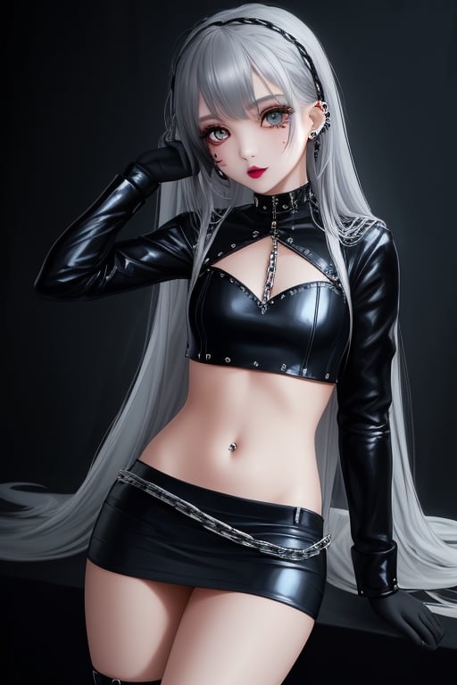 1 little girl, sexy, gothic girl with long hair, black eyeliner, black painted lips, tight clothing, exposed navel, short skirt, chain, gloves, platinum gray eyes, very dark blue hair, piercings ear,1 small mole on face, multiple panels