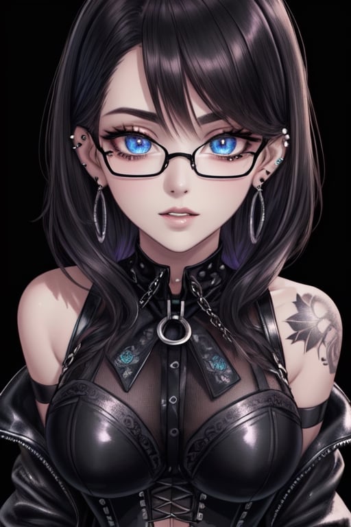 (best quality,4k, ultra detailed, ultra high resolution, high quality, detailed image, HD background, beautiful detailed face:2.0),((masterpiece)),(illustration),city((1 woman)),(Full-bust high neck with mesh cups:1.4),glasses,gothic girl with short hair, black eyeliner,(black painted lips:1.5),big dark lips,very dark blue lips), fingerless gloves, blue eyes,(well-made eyes, even eyes, well-drawn eyes), pretty eyes, black hair, hair with violet highlights, ear piercings, choker, fishnet stockings, jacket, chain, exposed navel, tattoo ,skirt,waist shaping corset,