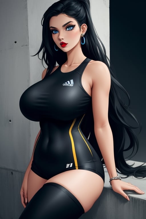 1 woman, sexy and tough, big breasts, wide hips, gothic girl with long hair, black eyeliner, black painted lips, tight clothes, blue eyes, black hair, ear piercings, sportswear