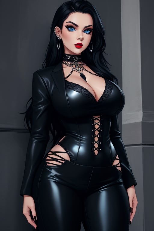 1 woman, sexy and tough, big breasts, wide hips, gothic girl with long hair, black eyeliner, black painted lips, tight clothes, blue eyes, black hair, ear piercings, formal clothes