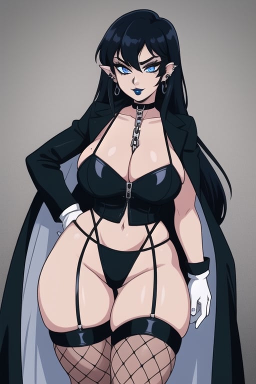 1 woman, sexy and tough, big breasts, wide hips, gothic girl with long hair, black eyeliner, black lipstick, gloves, blue eyes, black hair, ear piercings, choker, fishnet stockings, jacket, chain, white wedding dress