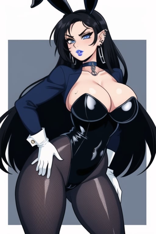 1 woman, sexy and tough, big breasts, big ass and wide hips, gothic girl with long hair, black eyeliner, black painted lips, tight clothes, exposed navel, chain, gloves, blue eyes, black hair, piercings ears, fishnet leggings, jacket, choker,playboy suit