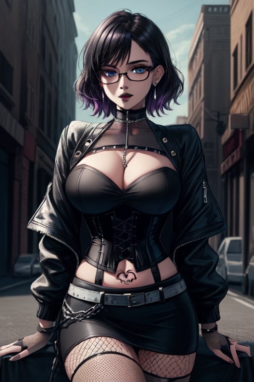 (best quality,4k, ultra detailed, ultra high resolution, high quality, detailed image, HD background, beautiful detailed face:1.1),((masterpiece)),(illustration),city((1 woman)),(Full-bust high neck with mesh cups:1.4),glasses,gothic girl with short hair, black eyeliner,(black painted lips:1.5),big dark lips,very dark blue lips), fingerless gloves, blue eyes,(well-made eyes, even eyes, well-drawn eyes), pretty eyes,Beautiful lips, black hair, hair with violet highlights, ear piercings, choker, fishnet stockings, jacket, chain, exposed navel, tattoo ,skirt,waist shaping corset,