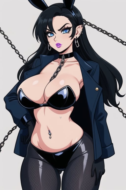 1 woman, sexy and tough, big breasts, big ass and wide hips, gothic girl with long hair, black eyeliner, black painted lips, tight clothes, exposed navel, chain, gloves, blue eyes, black hair, piercings ears, fishnet leggings, jacket, choker,playboy suit