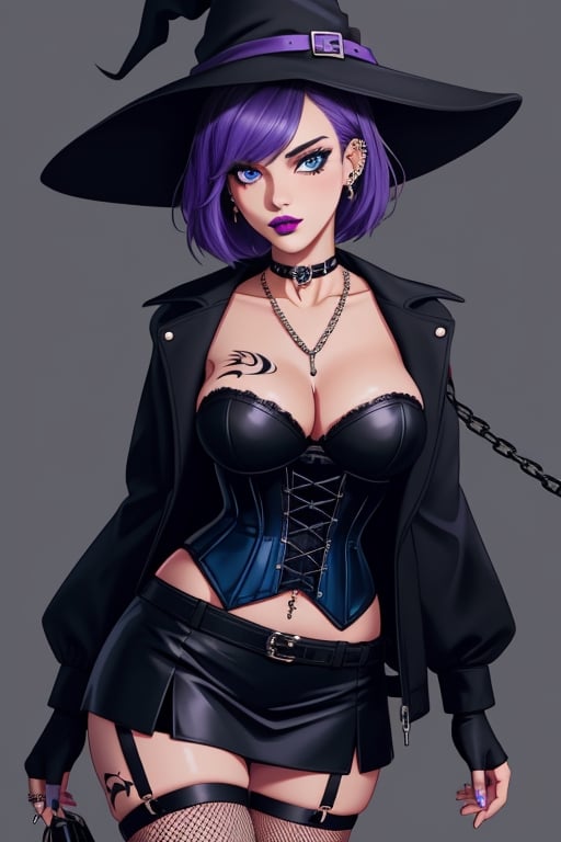 Halloween,witch_hat,1 woman, gothic girl with short hair, black eyeliner, black painted lips, fingerless gloves, blue eyes, beautiful eyes, black hair, hair with violet highlights, ear piercings, choker, fishnet stockings, jacket, chain, exposed navel, tattoo, skirt, waist shaping corset