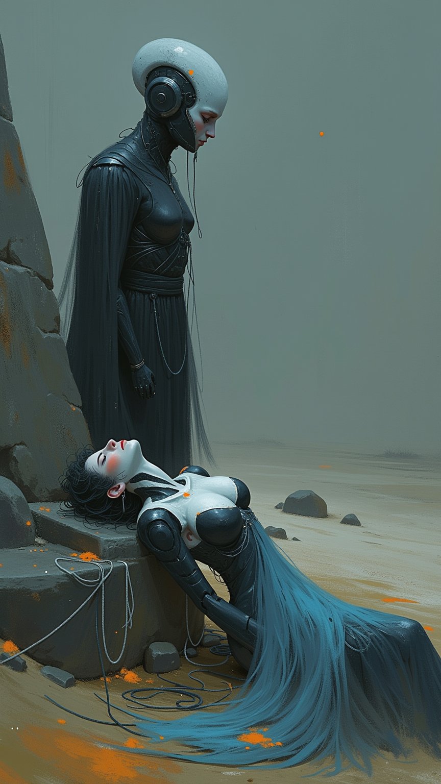 A cyborg battle angel lies defeated, slumped against a shattered statue, wings broken and torn, wires hanging like forgotten hopes. The desolate wasteland background features dark, bruised skies and a faint tear of oil on her synthetic skin, half-hidden in shadow. Realistic textures and muted colors convey despair and the weight of her fall.