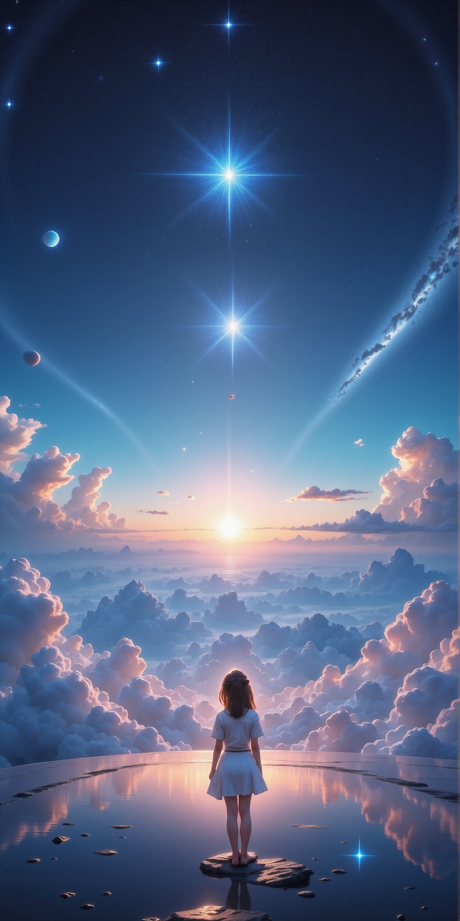 16K Ultra Detailed Masterpiece Painted: "A young girl with the universe at her feet, standing on a celestial platform amidst an otherworldly sea of clouds, distant planets in view, evoking the magic of Star Wars in a breathtaking, (dreamlike), (epic), scene.",Fantasy detailers ,wonder beauty,ntgirl