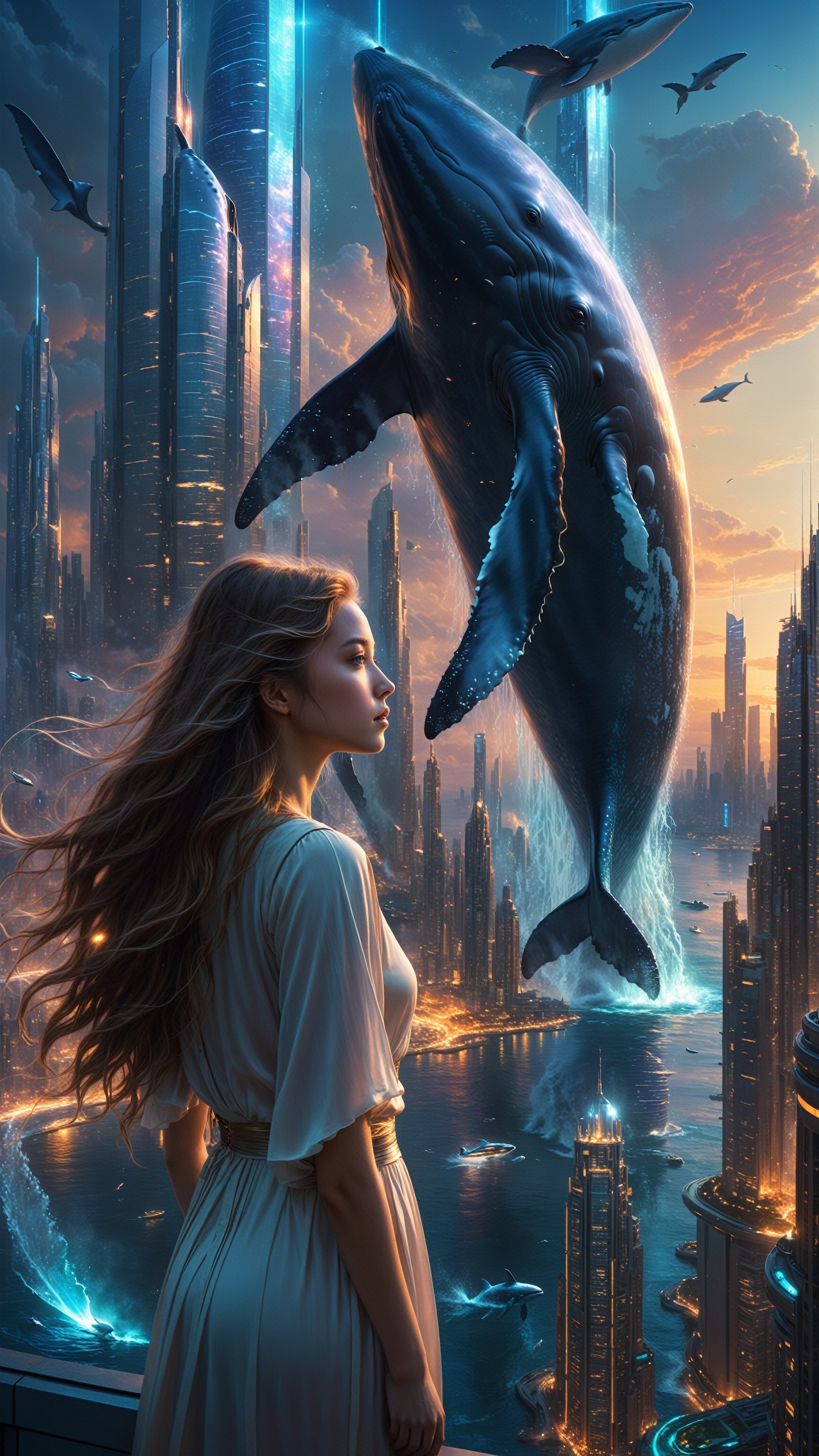 In a dreamlike scene, a young girl with long, flowing hair and a curious expression stands at the edge of a futuristic cityscape, where towering skyscrapers meet the horizon. A massive whale breaches the surface of a nearby ocean, its body glowing with an otherworldly light. The surreal landscape is bathed in a warm, ethereal glow, as if illuminated by the soft hum of xinxihuan technology.