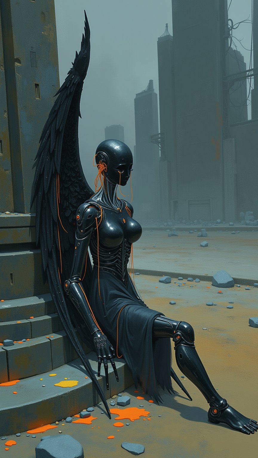 A cyborg battle angel lies defeated, slumped against a shattered statue, wings broken and torn, wires hanging like forgotten hopes. The desolate wasteland background features dark, bruised skies and a faint tear of oil on her synthetic skin, half-hidden in shadow. Realistic textures and muted colors convey despair and the weight of her fall.