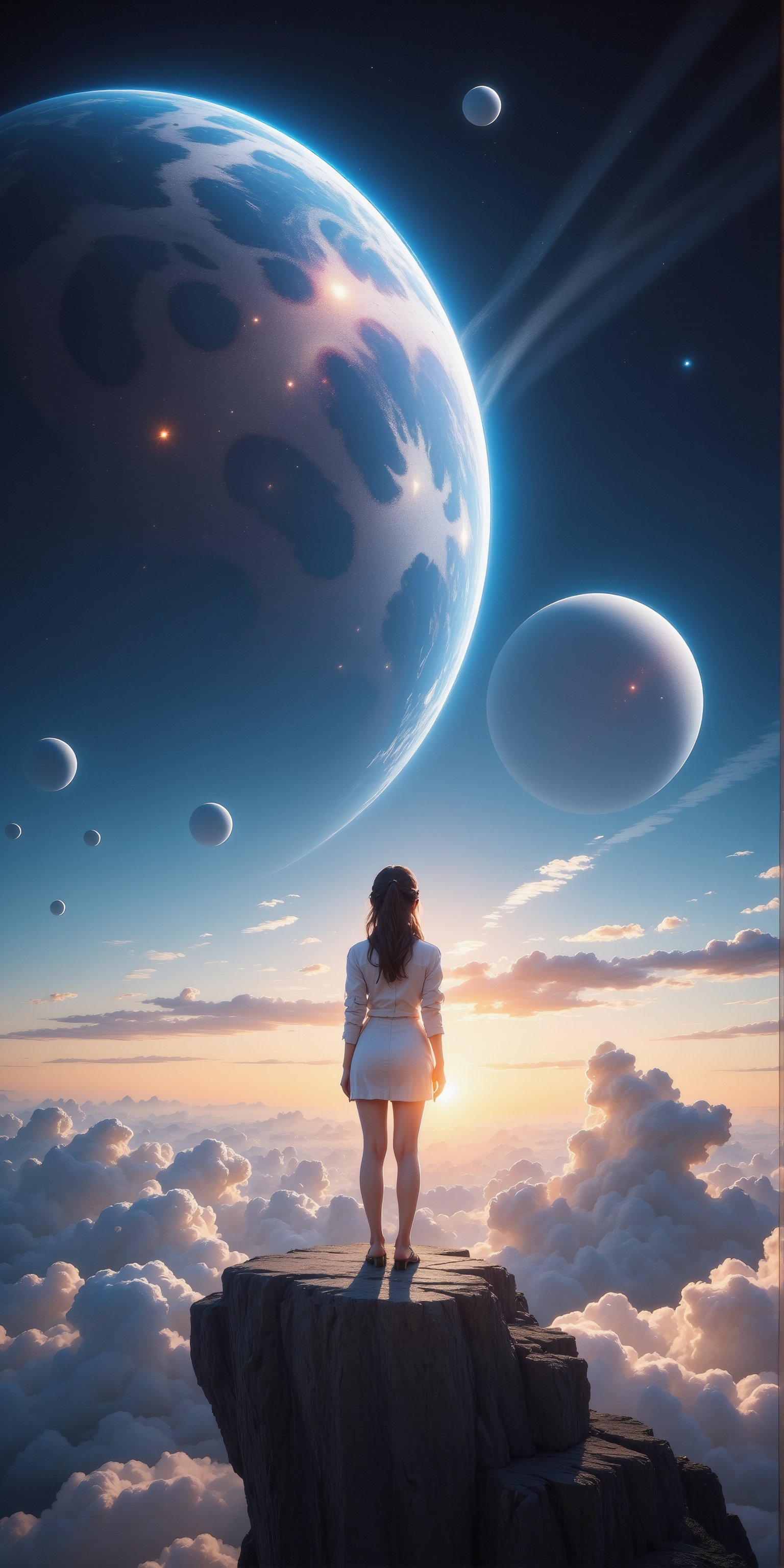 16K Ultra Detailed Masterpiece Painted: "A young girl with the universe at her feet, standing on a celestial platform amidst an otherworldly sea of clouds, distant planets in view, evoking the magic of Star Wars in a breathtaking, (dreamlike), (epic), scene.",Fantasy detailers ,wonder beauty,ntgirl