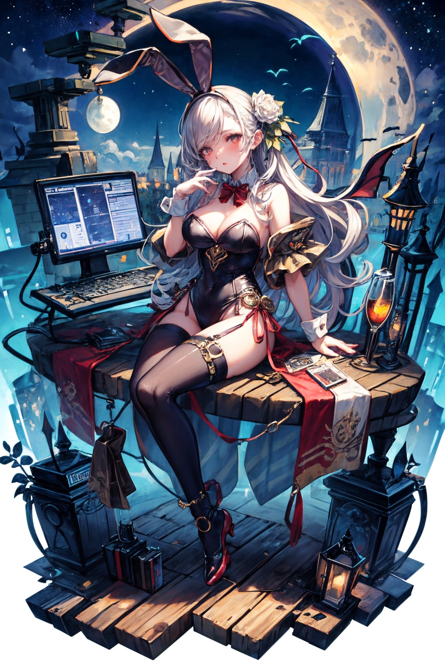 full Body,  Steampunk  Playboy Bunny Girl, ultra high resolution,8k,Hdr,sitting moon