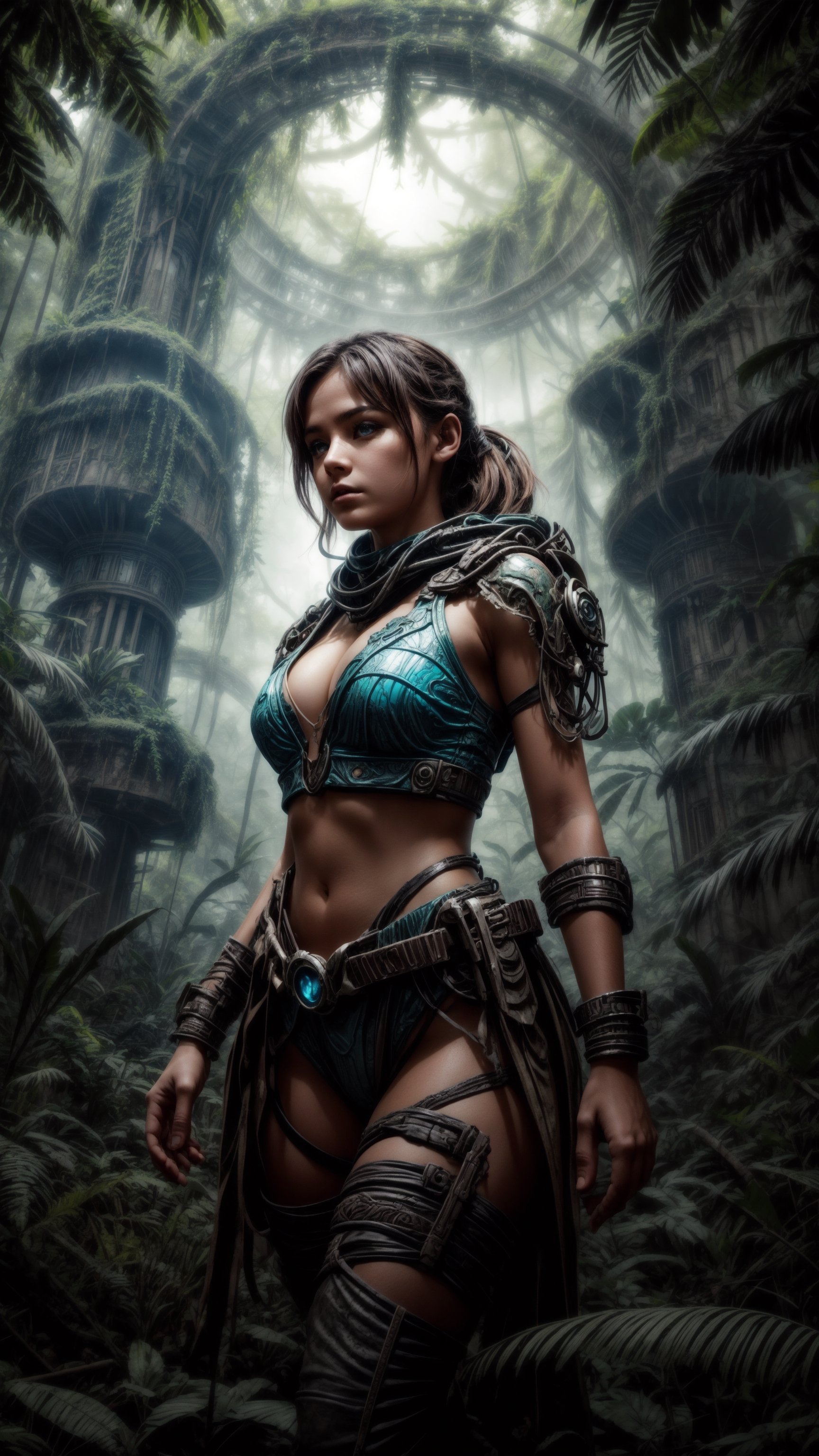 "In the heart of the jungle, amidst the remnants of a bygone era, the Stelar Girl stands amidst the Alien Ruins, her expression a blend of wonder and determination as she contemplates the intersection of Science Fiction and reality, the swirling clouds overhead a symbol of the turbulent journey that lies ahead."