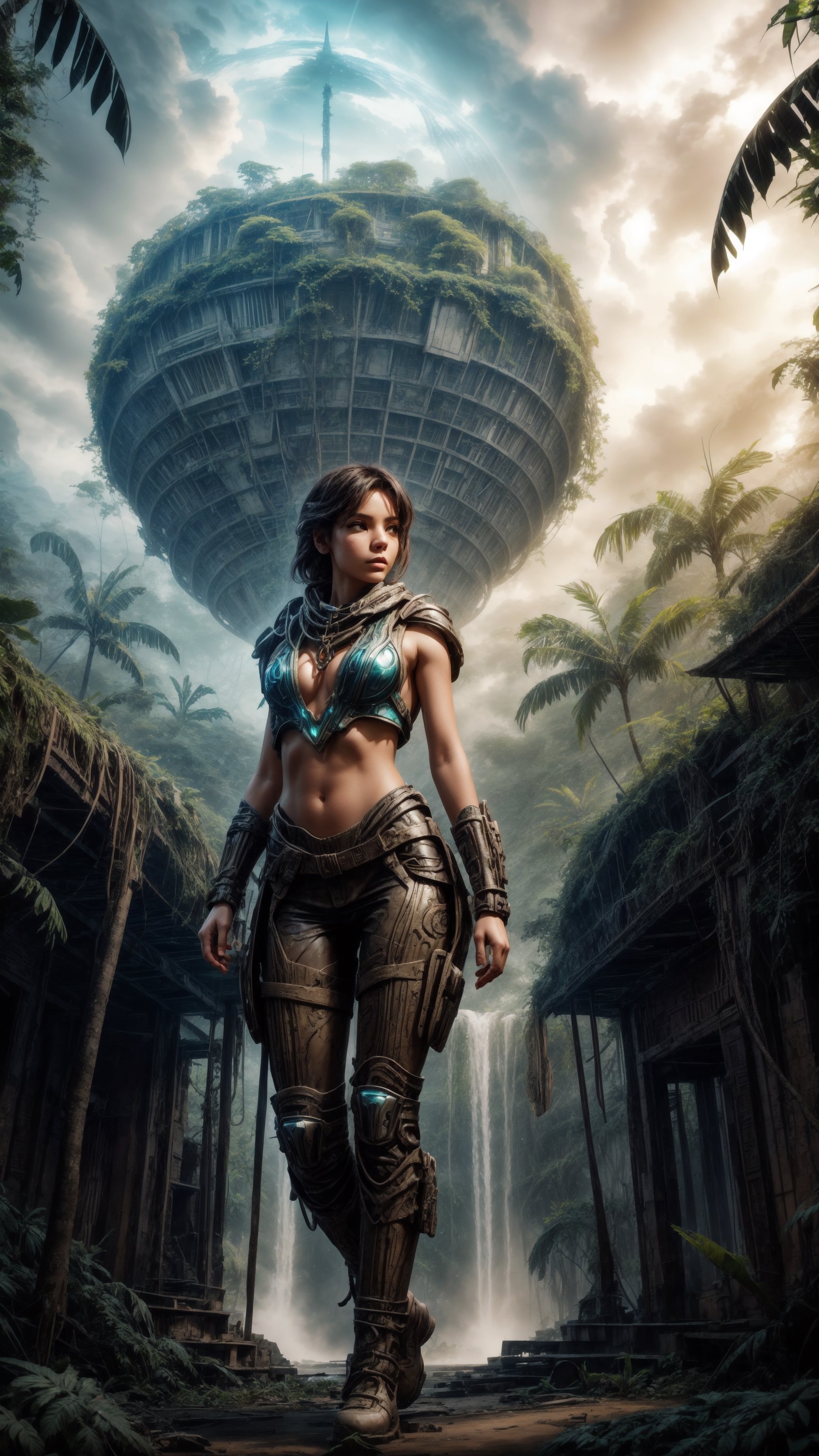 "In the heart of the jungle, amidst the remnants of a bygone era, the Stelar Girl stands amidst the Alien Ruins, her expression a blend of wonder and determination as she contemplates the intersection of Science Fiction and reality, the swirling clouds overhead a symbol of the turbulent journey that lies ahead."