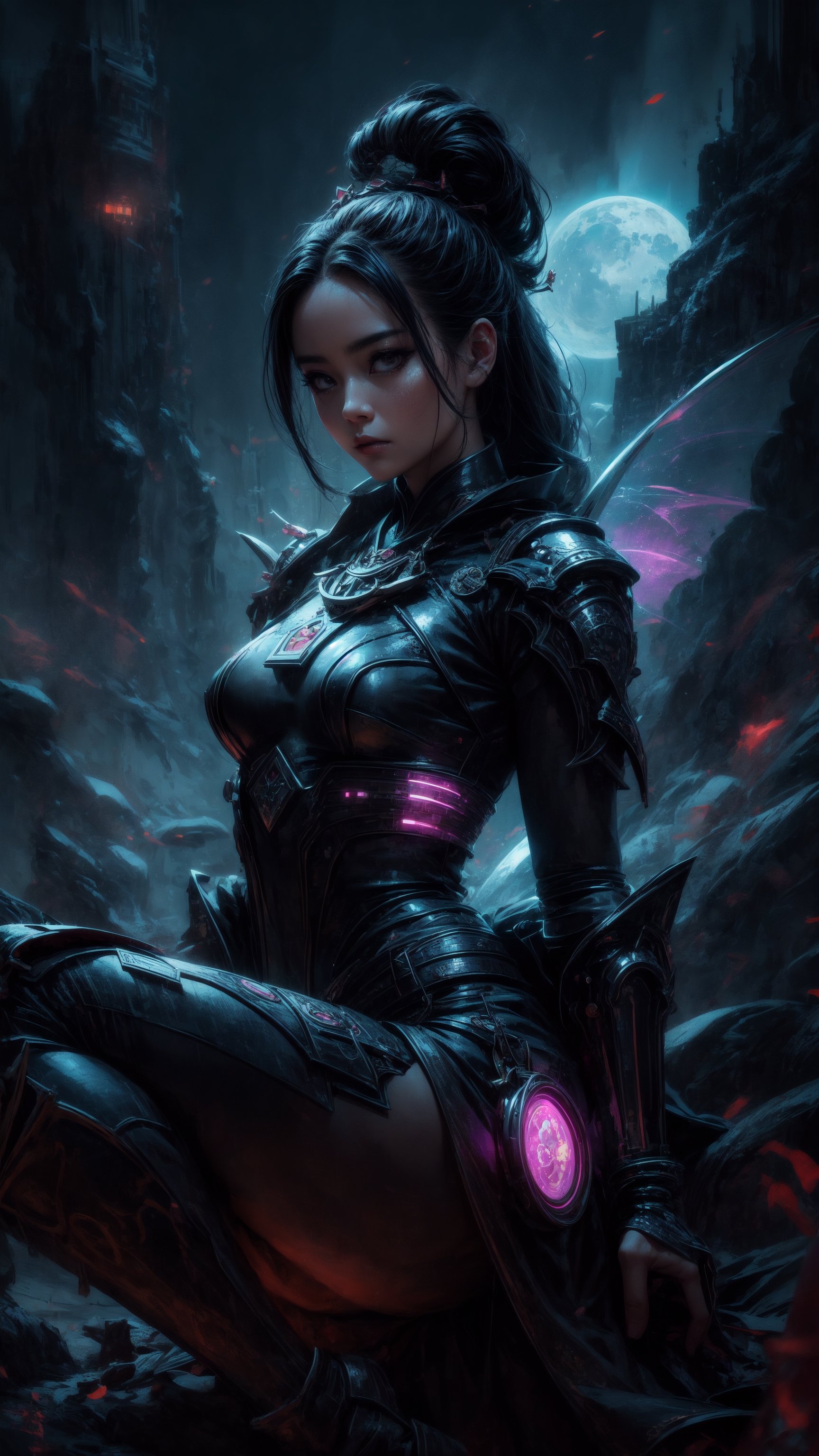 amazing quality, masterpiece, best quality, absurdres, beautiful, detailed shadow, aesthetic,,mona_(genshin_impact), 1girl, big eyes, beautiful korean girl, looking at viewer, solo)Digital artwork, otherworldly landscape, (futuristic revealing attire), ethereal glow, dynamic pose, immersive environment, neon accents, (Tron-inspired), (fantastic game world),1 girl,sitting moon,wrenchfaeflare