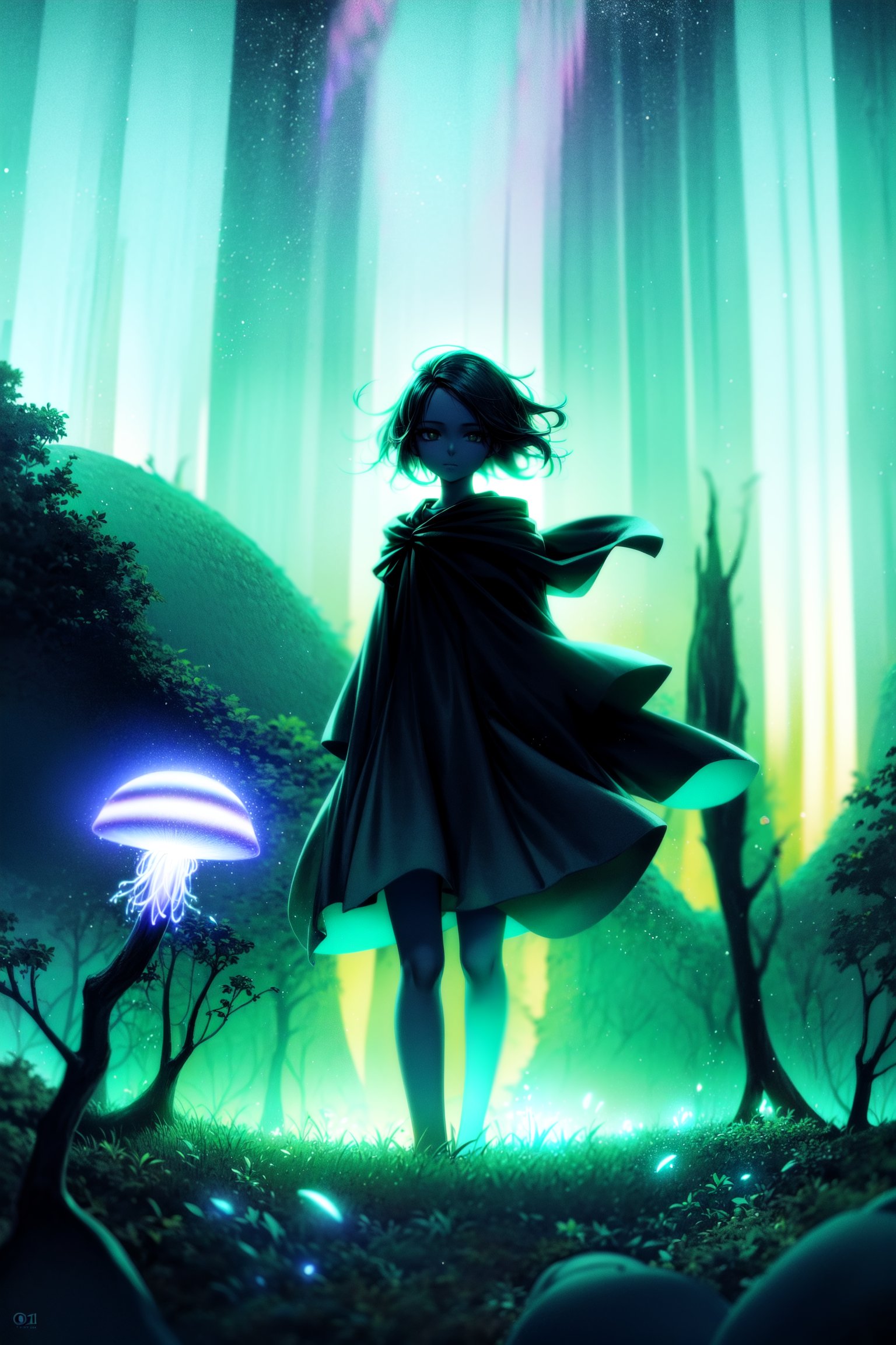 ", 1girl,( looking at viewer:1.5),full body), (closed mouth:1.5), shiny skin,, curvy, a surreal, bioluminescent landscape inspired by Ori and the Blind Forest, with glowing mushrooms, floating jellyfish, and a mesmerizing aurora, ultra-detailed and dreamlike."