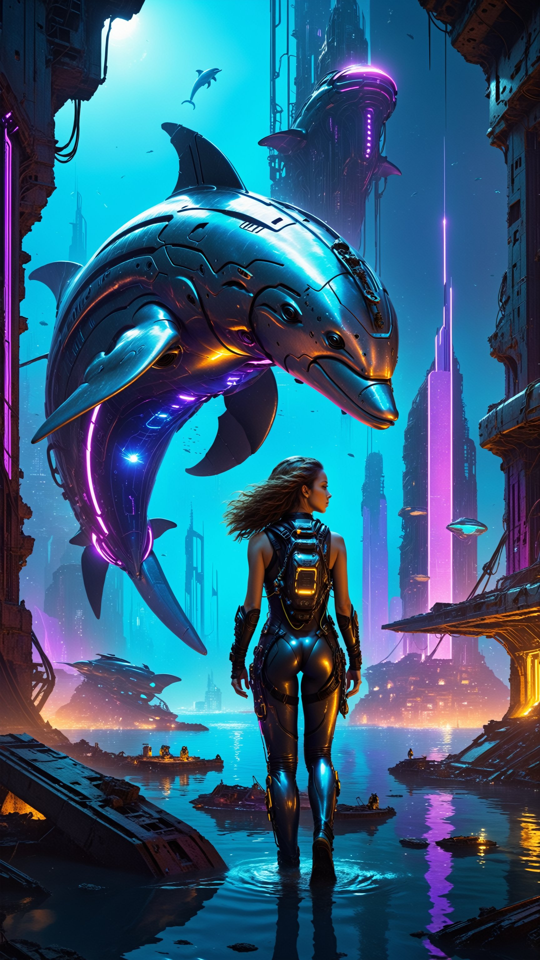 On a futuristic alien planet, a diver girl emerges from the depths of a cybernetic seascape. She floats amidst the ruins of a cityscape, surrounded by neon-lit architecture and twisted metal wreckage. The Cyber Dolphin glides beside her, its glowing fins illuminating the dark waters as it watches over the young explorer.