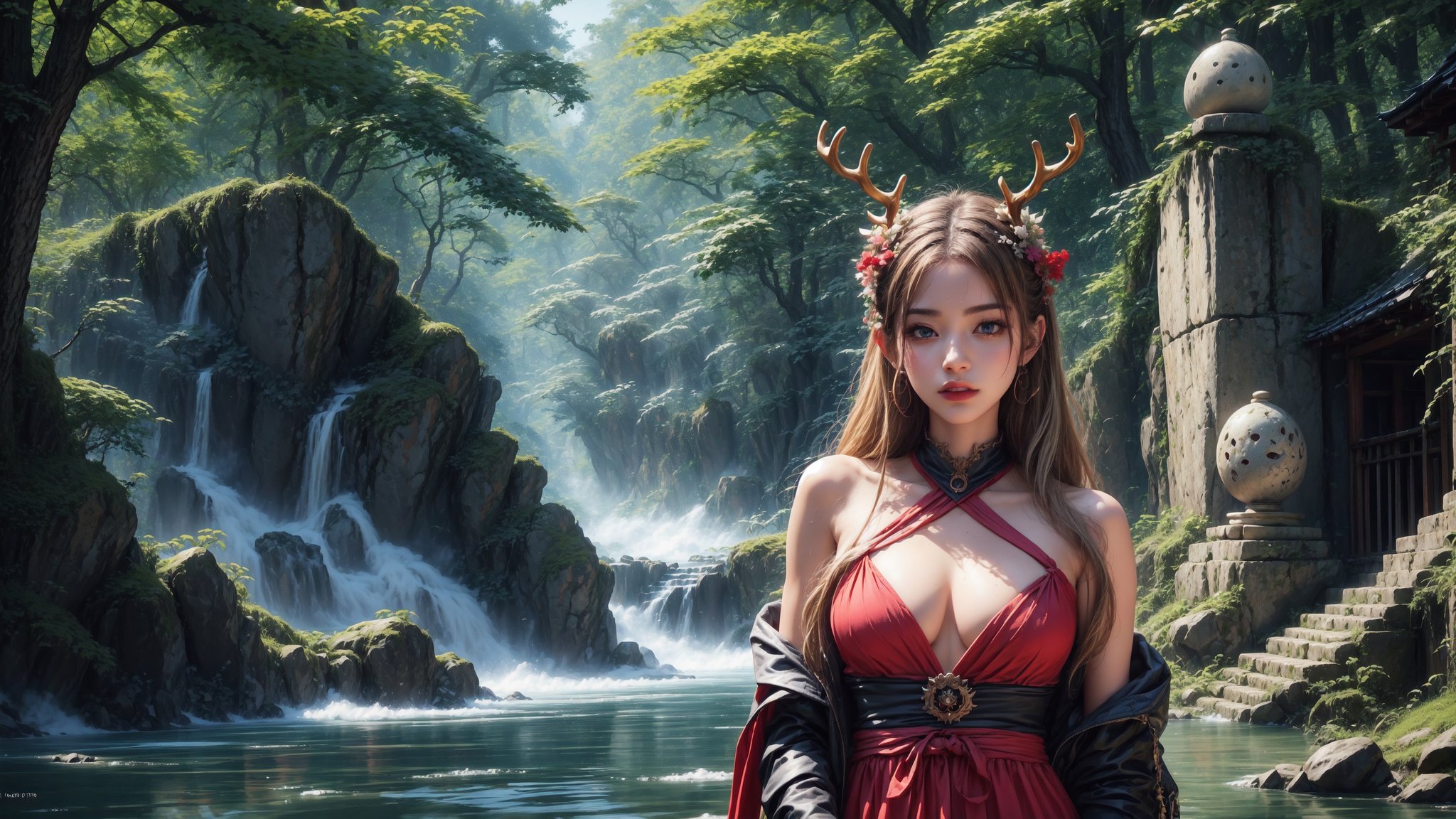 （realisticlying：1.35）,（concept-art）,（ goddess of the forest）,（Gorgeous face enchanting,Amazing）,（Long, Flowing light blonde hair）,Mint SILK,（Beautiful skin is green,Made of complex leaves and vines）,（Antlers on the head）,（pointy ears）,（Shining blue eyes）,(an enchanted forest）Background with,butterflys：0.35,leafs, blooming light effect, blossoms：0.4, God Ray, Light and dust, realistic skin textures, , complex, A detailed, highest  quality, hasselblatt, Nikon D850, Natural stereo lighting, （Good anatomy）, well-composed, （good proportions）, subsurfacescattering, Award-Awarded, tmasterpiece,More Detail,Torii