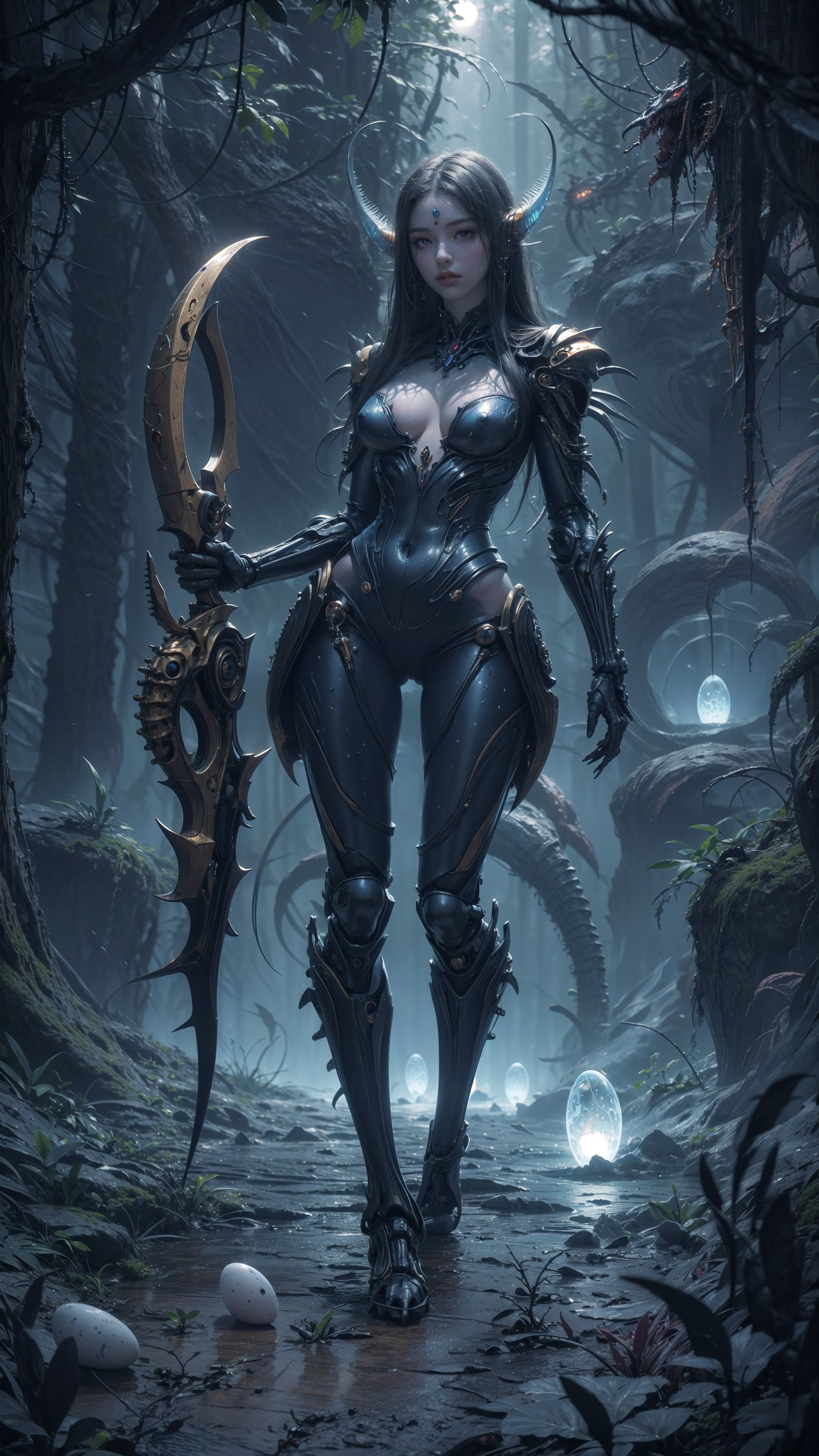 "painting, soft yet detailed, an alien ARCHER GIRL in an ethereal biomechanical landscape, surrounded by semi-translucent alien eggs, muted and mysterious color palette, delicate brush strokes depicting her intricate bio-armor and alien features, soft glow emanating from the eggs, sense of alien royalty and mystique, impressionistic yet detailed portrayal, harmonious and otherworldly atmosphere" full body,cosmiclandscapes,alien landscape,More Detail, alien plants, mysterious,retro