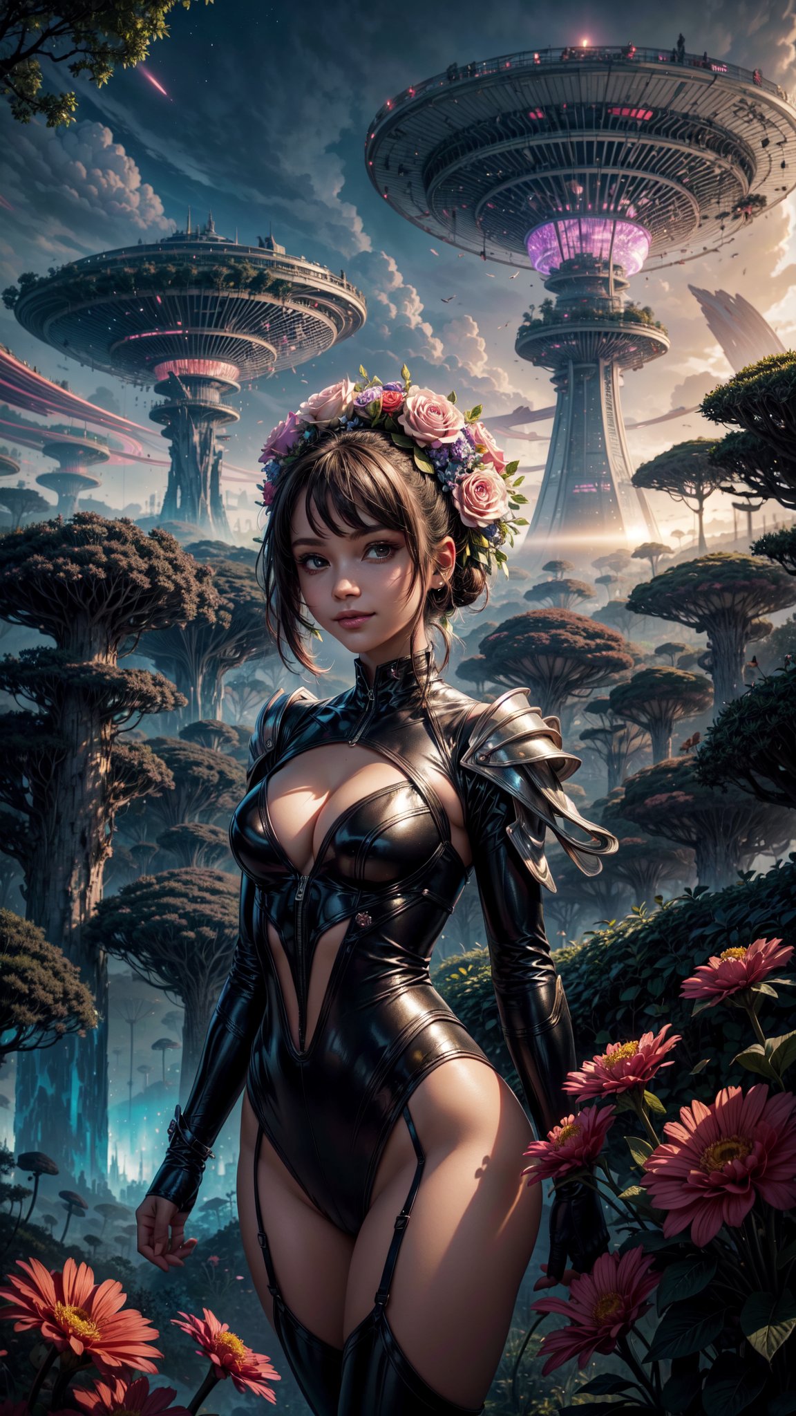 A curious girl with a bouquet of vibrant flowers stands at the edge of a fantastical landscape, surrounded by towering mushrooms and twisted trees. In the background, a glowing alien cityscape stretches towards the sky, bathed in an ethereal multicolored light that casts an otherworldly glow on the scene. The girl's bright smile and outstretched arms seem to welcome the extraterrestrial visitors, as if showcasing her own little patch of wonder amidst this surreal science fiction world. Her bouquet of flowers adds a pop of color to the dreamlike atmosphere, while the cityscape in the distance creates a sense of depth and mystery.