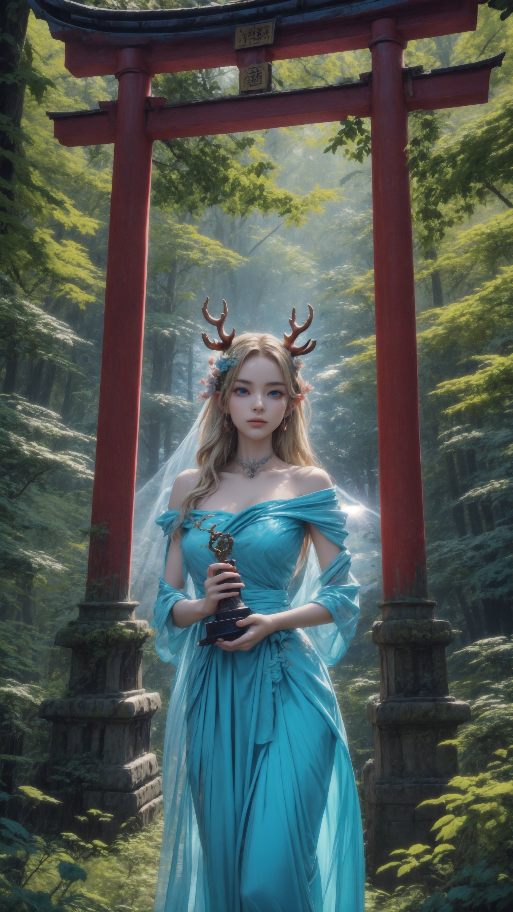 （realisticlying：1.35）,（concept-art）,（ goddess of the forest）,（Gorgeous face enchanting,Amazing）,（Long, Flowing light blonde hair）,Mint SILK,（Beautiful skin is green,Made of complex leaves and vines）,（Antlers on the head）,（pointy ears）,（Shining blue eyes）,(an enchanted forest）Background with,butterflys：0.35,leafs, blooming light effect, blossoms：0.4, God Ray, Light and dust, realistic skin textures, , complex, A detailed, highest  quality, hasselblatt, Nikon D850, Natural stereo lighting, （Good anatomy）, well-composed, （good proportions）, subsurfacescattering, Award-Awarded, tmasterpiece,More Detail,Torii