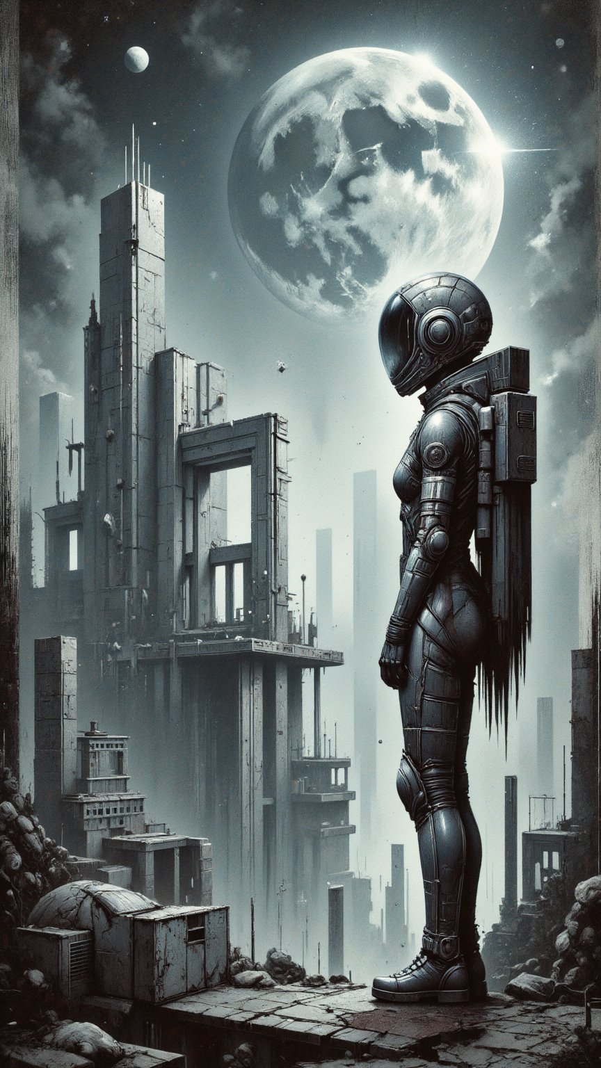 A girl in a futuristic spacesuit stands at the edge of an alien landscape, her helmet tilted upwards towards the celestial canvas above. Soft, lunar light casts an otherworldly glow on her face, as she surveys the floating islands and ancient ruins scattered before her. The atmosphere is alive with discovery, as if she's unearthed long-forgotten secrets among the mystical ruins.