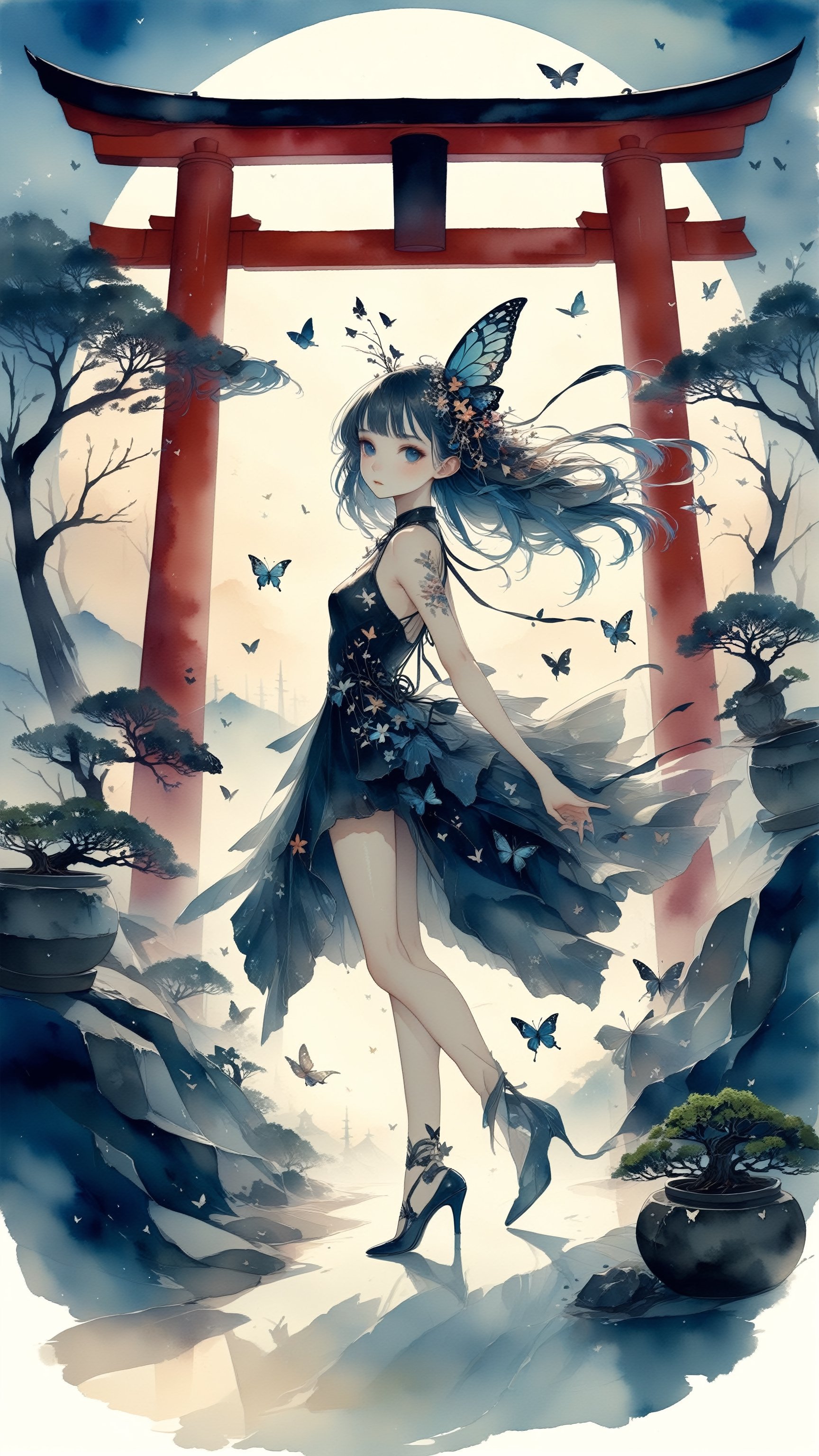 Whimsical, bonsai , japan,Torii ,cute alien_girl, Looking Back , ((Sexy Clothing)), realistic, Walking in a strutting pose, , Butterflies, masterpiece, best quality, aesthetic, Create an image using junk art elements, with repurposed materials, found objects, and a sense of resourcefulness and creativity,Decora_SWstyle,watercolor,Devasted landscape 