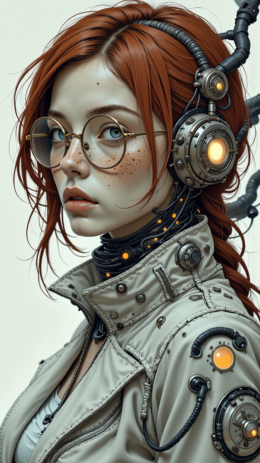 ASCIIdesigned by greg manchess,smoke, full body shot of a beautiful woman, bright detailed eyes, sleek scarlet hair, dense freckles, matte lips, long legs, futuristic, gold glasses, trending on art station, smoke, abstract, photoreal, 8 k, octane render by greg rutkowski, art by Carne Griffiths and Wadim Kashin ,in the style of Dau-al-Set, Pollock, Travis charest, and inspired by MAPPA and Zdzislaw Beksinski,   
,more detail XL