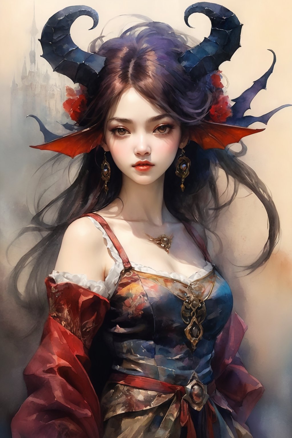 Fantasy Painting,Watercolor, best quality, masterpiece, beautiful and aesthetic, 16K, (HDR:1.2), high contrast, (vibrant color:1.3), (muted colors, dim colors, soothing tones:0), cinematic lighting, ambient lighting, sidelighting, Exquisite details and texturesGroundcore, Orientalism ,cute girl,((succubus)),(Sexy Clothes), realistic, Walking in a strutting pose, masterpiece, best quality, aesthetic, Create an image using(( junk art elements)), with repurposed materials, found objects, and a sense of resourcefulness and creativity,ct-niji2,watercolor,