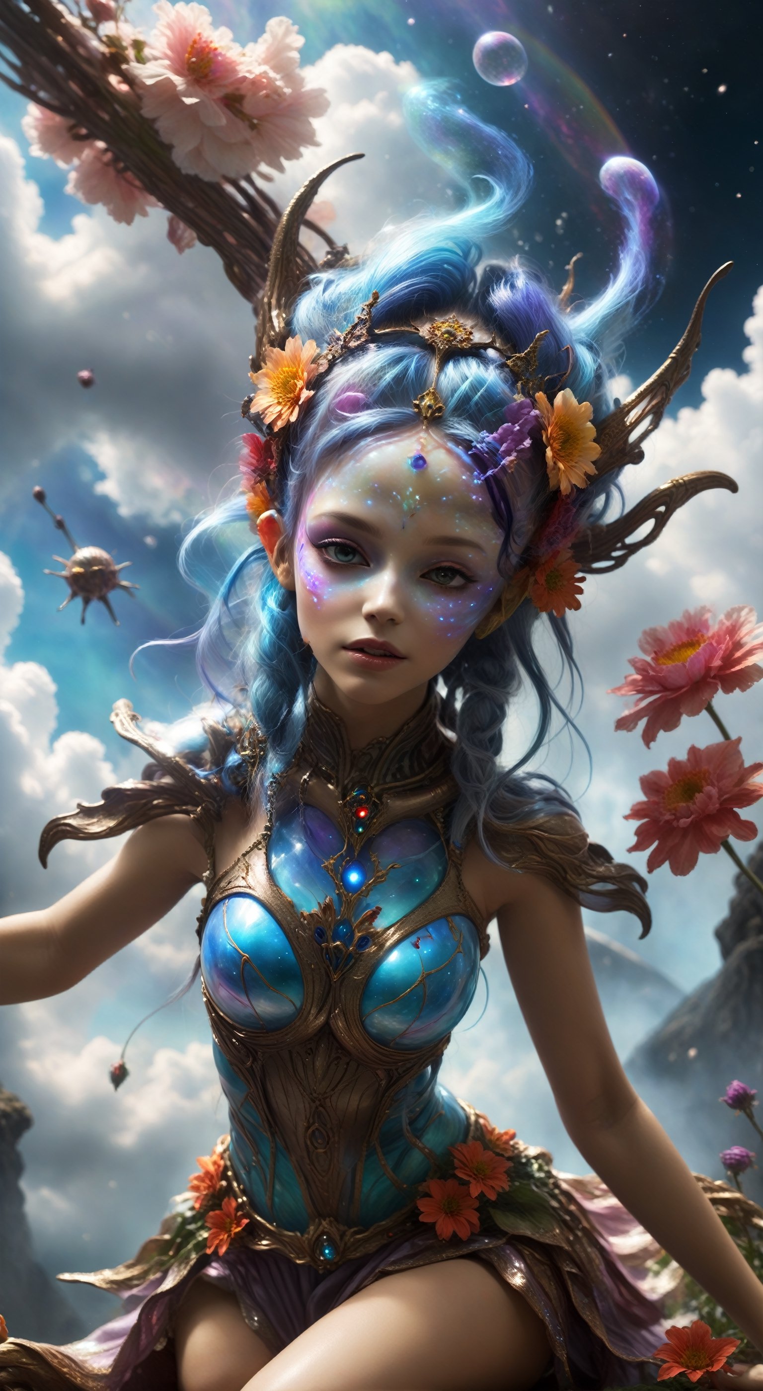 "((Galactic)) scene portraying an alien girl surrounded by a symphony of clouds, splashes of vivid colors, and delicate flowers, an imaginative composition that sparks the viewer's curiosity",Clear Glass Skin,rpgpixie