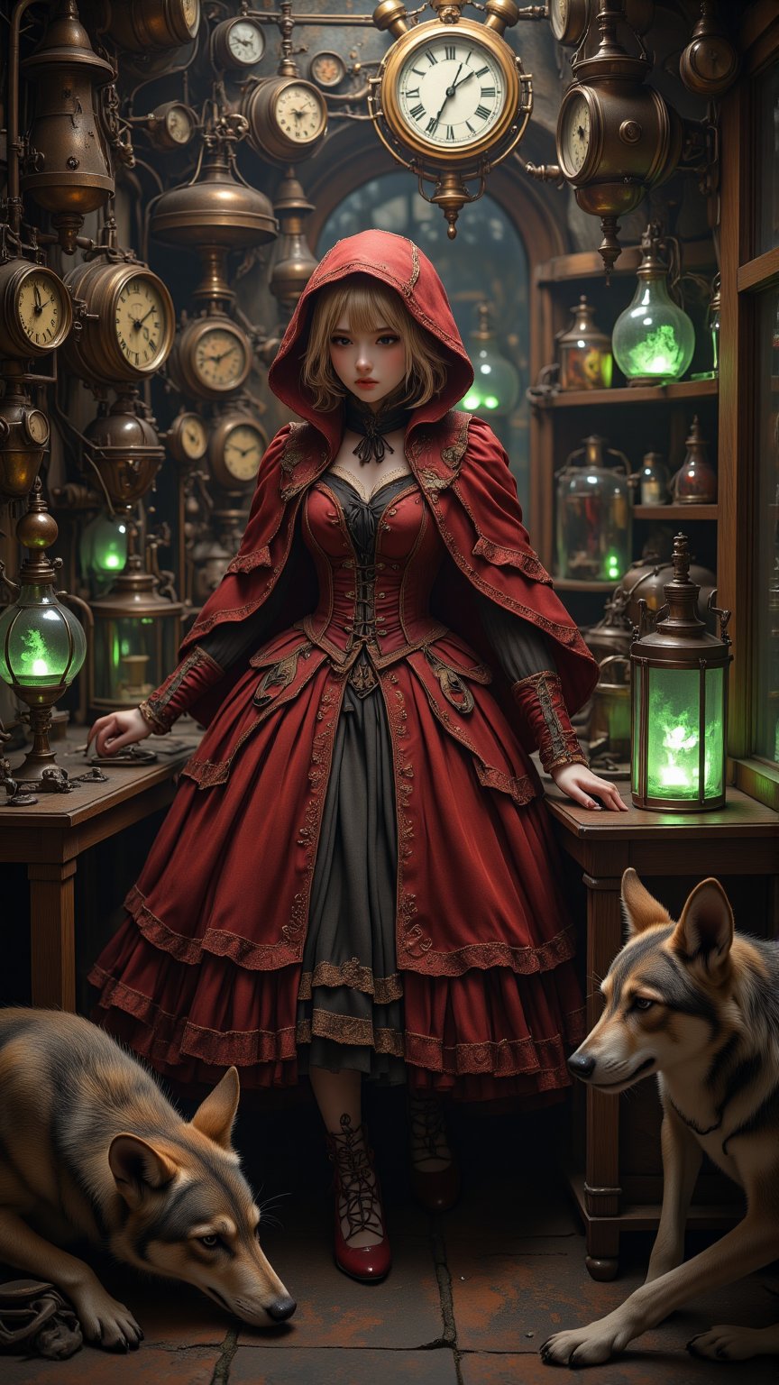 "Little Red Riding Hood in a dark steampunk laboratory, dressed in (gothic Lolita attire), red hood trimmed with lace, brass gears and steam pipes surrounding her, dim lighting with glowing green potion vials, (intricate detailing) on her Victorian-style gown, clockwork wolves lying in the shadows, golden light casting eerie shadows, dramatic angles, anime-inspired design, ((highly detailed)), high contrast, vibrant tones",zahan,Cosplay .,Enhanced all,emoart,Steampunk Apparel