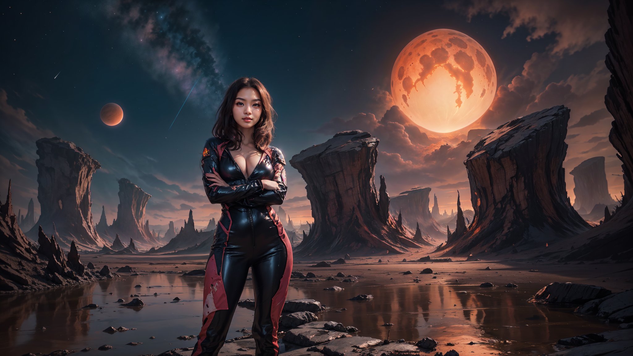 A stunning image of a girl standing confidently front and center on an alien planet's rust-red terrain. She wears a sleek jumpsuit adorned with shimmering silver accents, her hair styled in a messy bob framing her striking features. The eerie purple sky looms behind her, with twisted rock formations and glowing orbs scattered across the landscape. The girl's pose exudes determination, her arms crossed over her chest as she gazes out at the alien world.