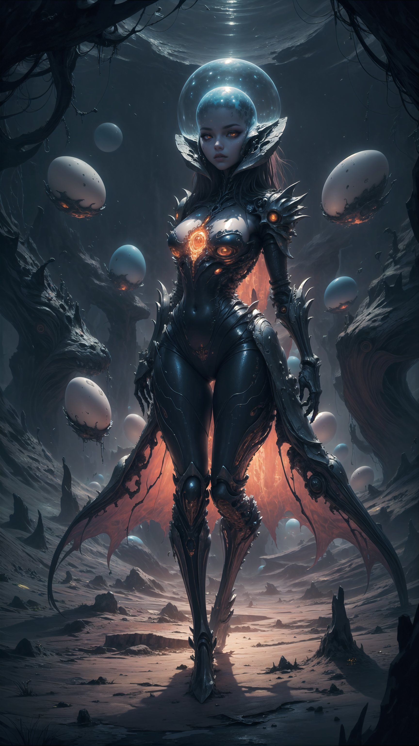 "painting, soft yet detailed, an alien queen in an ethereal biomechanical landscape, surrounded by semi-translucent alien eggs, muted and mysterious color palette, delicate brush strokes depicting her intricate bio-armor and alien features, soft glow emanating from the eggs, sense of alien royalty and mystique, impressionistic yet detailed portrayal, harmonious and otherworldly atmosphere" full body,cosmiclandscapes,alien landscape,More Detail