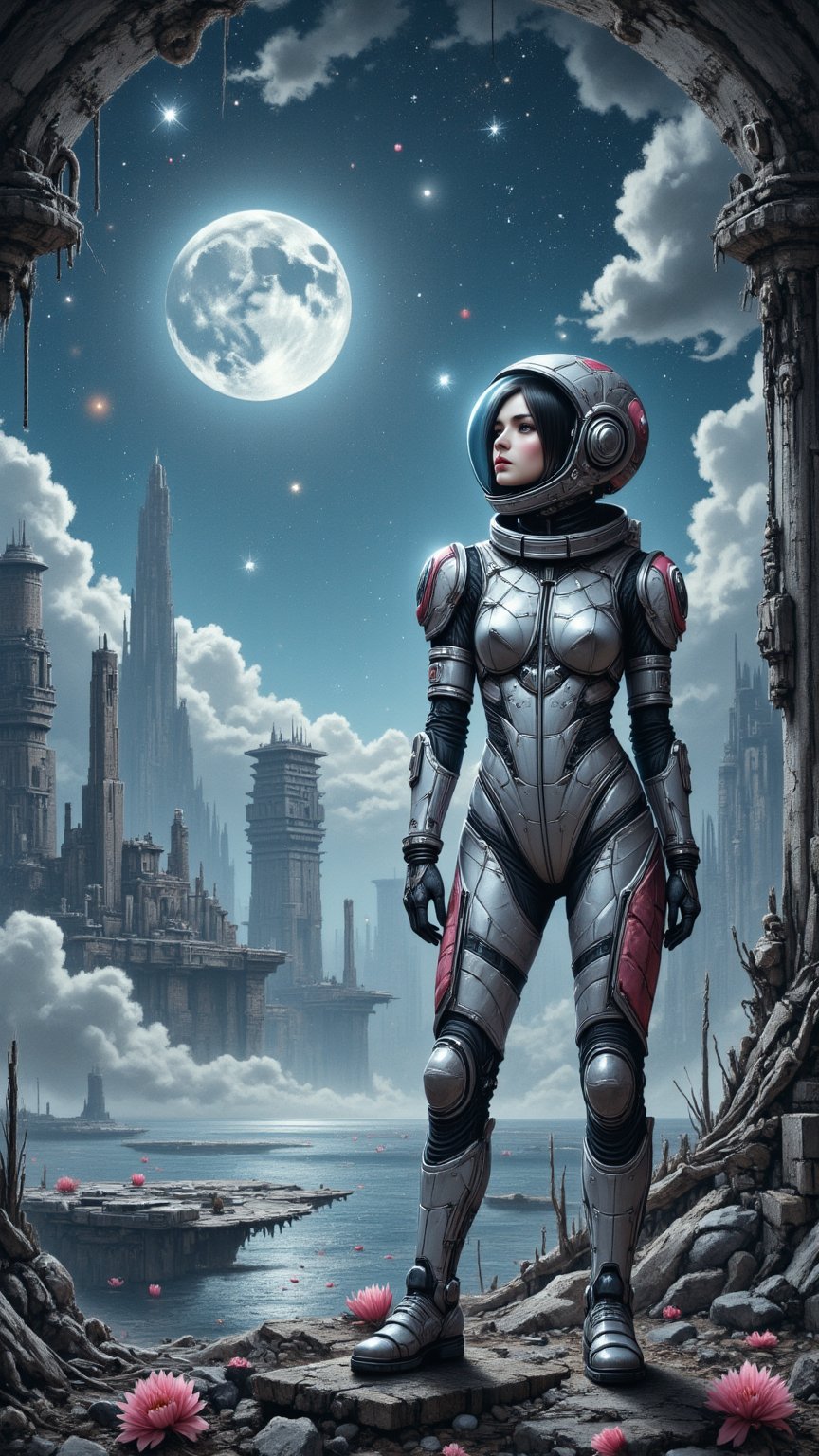 A girl in a futuristic spacesuit stands at the edge of an alien landscape, her helmet tilted upwards towards the celestial canvas above. Soft, lunar light casts an otherworldly glow on her face, as she surveys the floating islands and ancient ruins scattered before her. The atmosphere is alive with discovery, as if she's unearthed long-forgotten secrets among the mystical ruins.