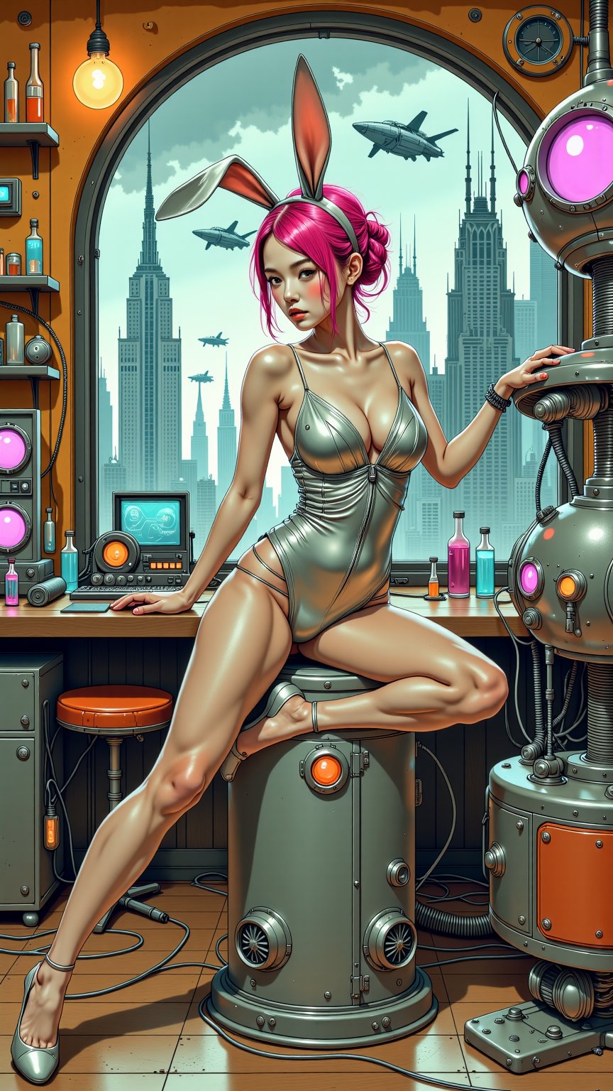 A sultry bunnygirl in a retro-futuristic laboratory setting, surrounded by vintage sci-fi gadgets and neon-lit test tubes. She wears a shimmering silver jumpsuit with a plunging neckline, her long legs splayed seductively on a metallic pedestal. Her bright pink hair is styled in a 1950s-inspired bouffant, as she poses confidently, one hand resting on the shoulder of a gleaming robot arm. The room is bathed in a warm, nostalgic glow, with a cityscape of towering skyscrapers and flying cars visible through the retro-futuristic windows.