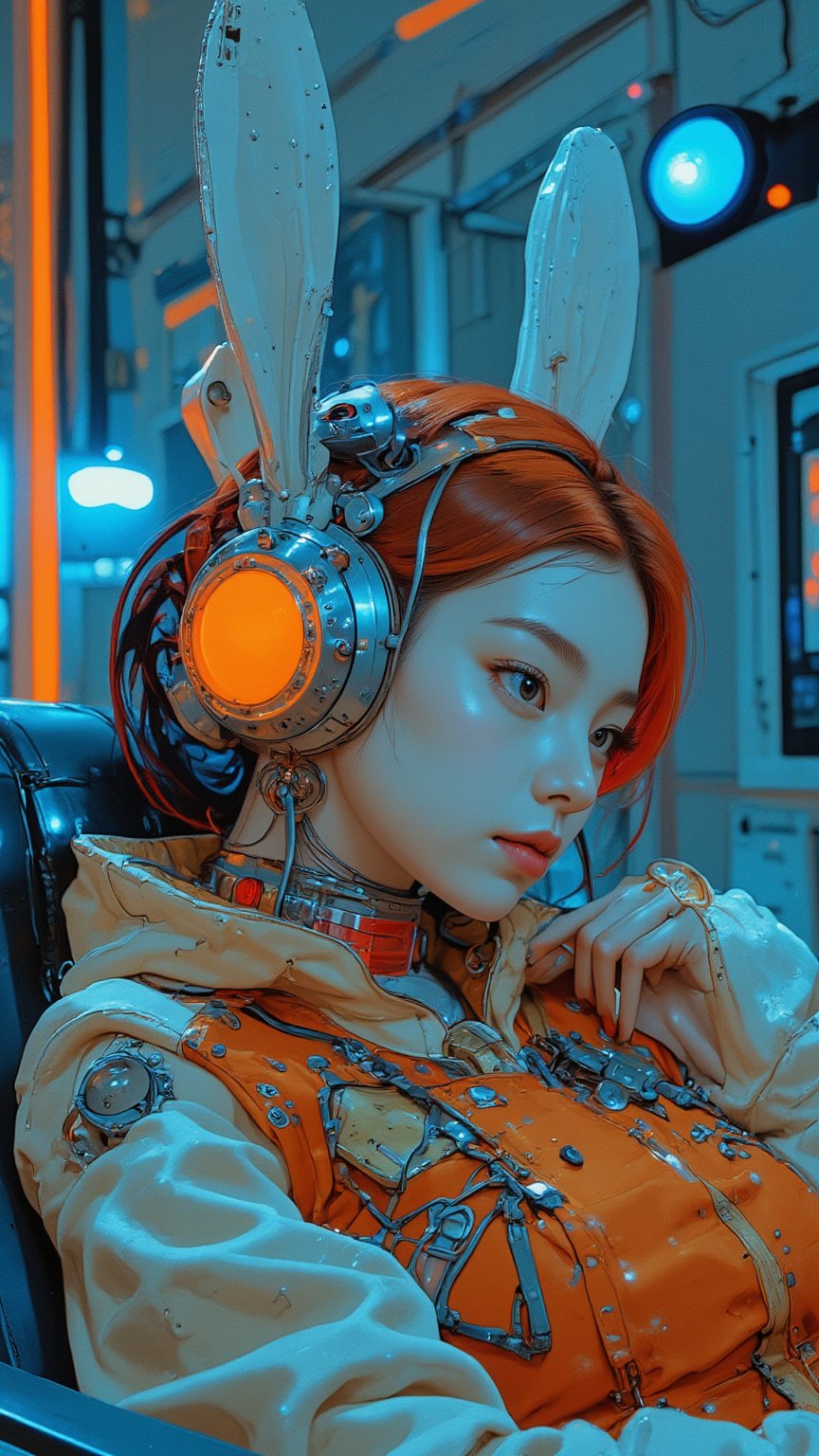 A sultry bunnygirl, styled in 1950s flair, reclines on a sleek metallic chair amidst retro-futuristic gadgetry and neon lights. Framed against a bright blue backdrop, her crimson hair bouffanted, long eyelashes batting at a miniature spaceship hovering above her head. Metallic accents adorn her ears and collar as she poses, surrounded by sci-fi trappings. A futuristic cityscape unfolds behind her, with towering skyscrapers and flying cars zipping by, blending vintage charm with intergalactic excitement.