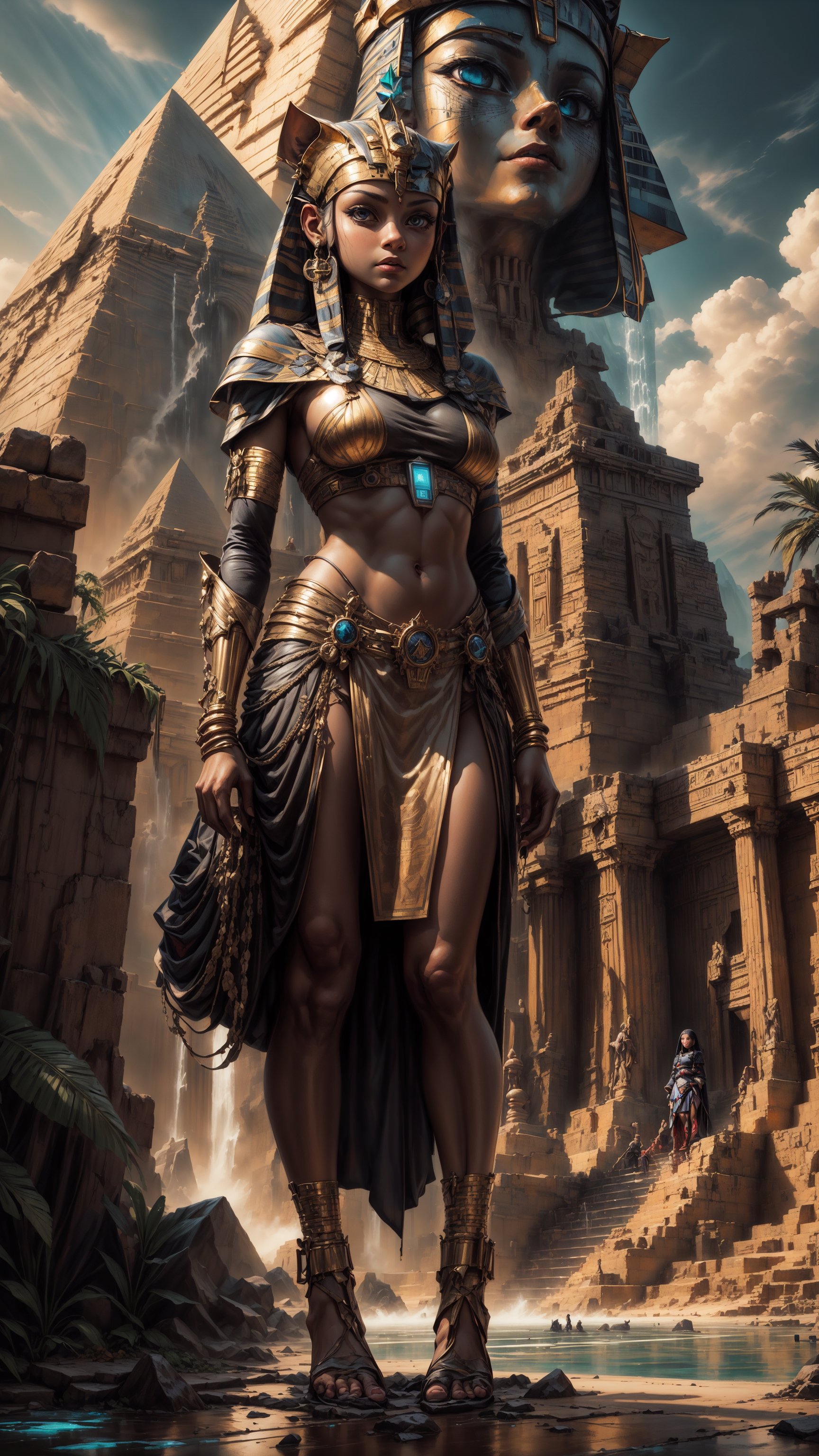 "photorealistic, high resolution, ((girl with curious expression)), standing in front of a grand sphinx, floating islands with waterfalls, pyramids in the distance, golden hour lighting, dramatic clouds, rule of thirds, ((sharp focus)), ((rich colors))"

,nodf_lora,Cyber_Egypt