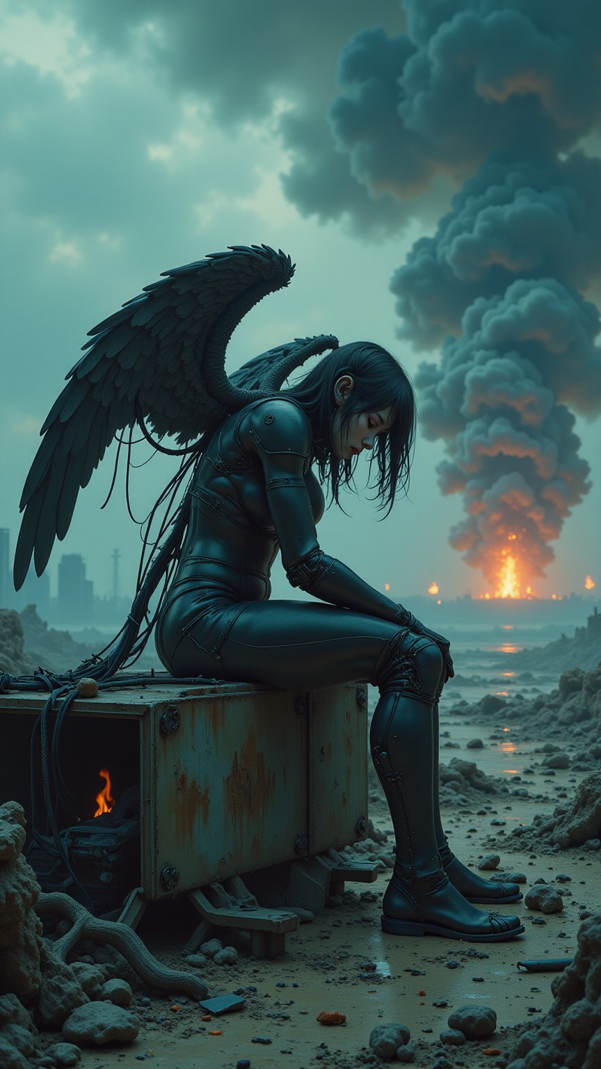 A fallen cyborg battle angel sits on a ruined metal structure in the middle of a post-apocalyptic wasteland, her broken wing sparking with malfunctioning wires. The wasteland is a barren expanse of twisted metal and debris, under a sky filled with dark, swirling clouds. The angel's face, a mixture of human sorrow and robotic precision, is cast in a cold, bluish light from a distant fire burning on the horizon. Her body is slumped, defeated, as she holds a broken sword, adding to the atmosphere of despair and ruin.,futuremadness,ct-animepopstyle