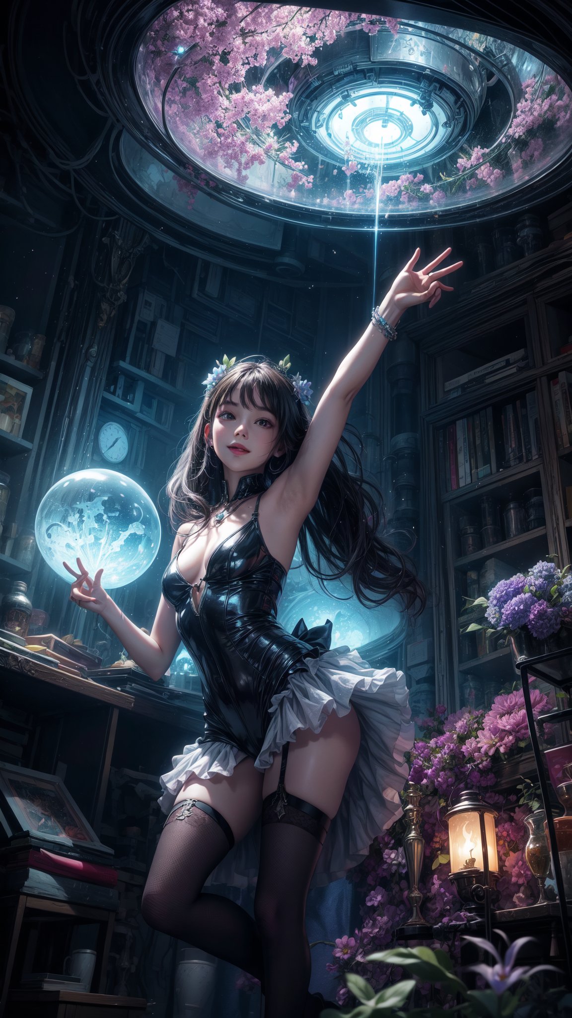 A curious girl with a bouquet of vibrant flowers stands amidst a fantastical landscape inspired by Wonderland's whimsy. In the background, a glowing alien cityscape stretches towards the sky, illuminated by an ethereal blue light. The girl's bright smile and outstretched arms seem to welcome the extraterrestrial visitors, as if showcasing her own little patch of wonder in this surreal science fiction world.