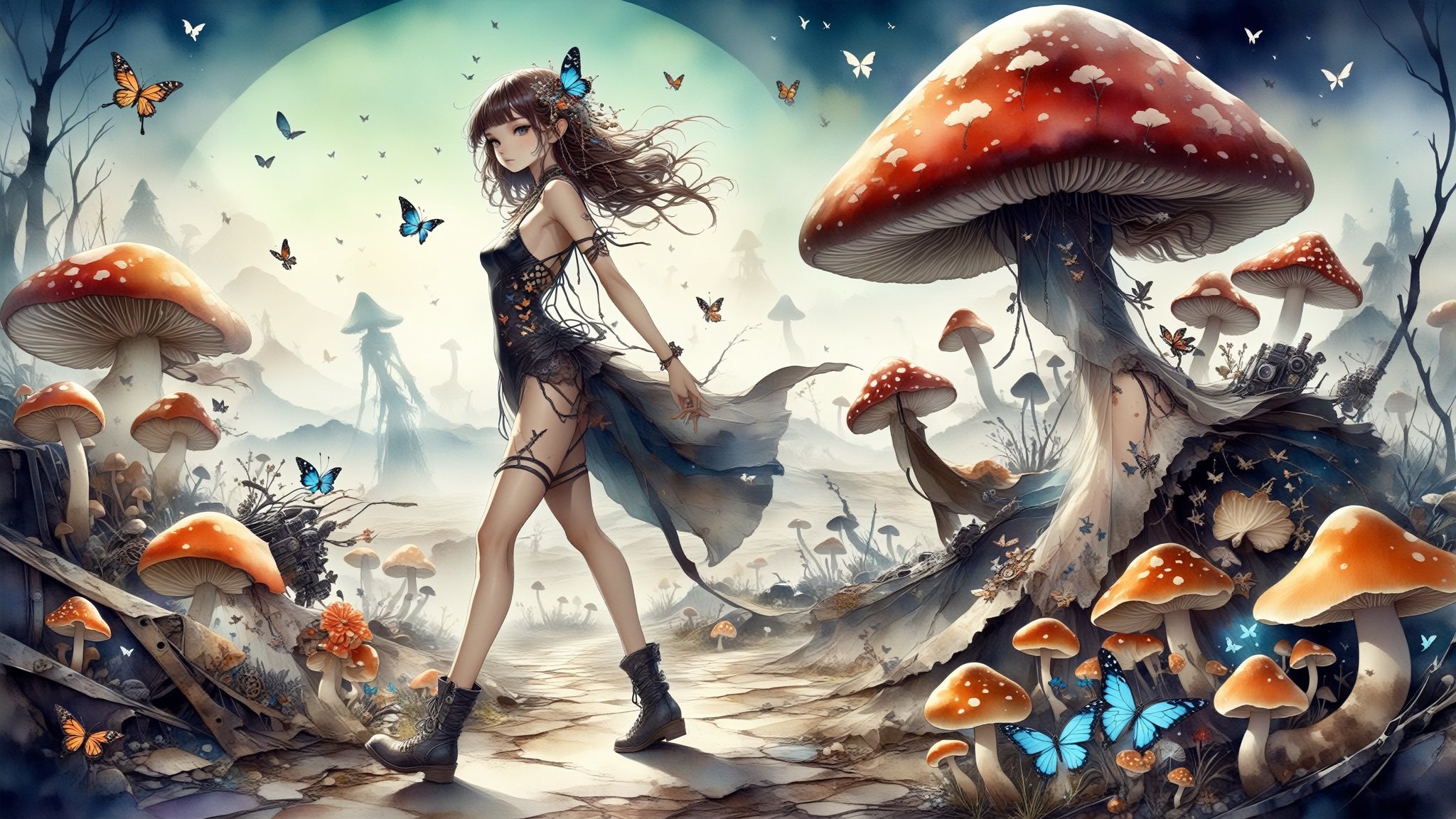 Groundcore, Orientalism ,cute alien_girl, Looking Back , ((Sexy Clothing)), realistic, Walking in a strutting pose,Mushrooms , Butterflies, masterpiece, best quality, aesthetic, Create an image using junk art elements, with repurposed materials, found objects, and a sense of resourcefulness and creativity,Decora_SWstyle,watercolor,Devasted landscape 