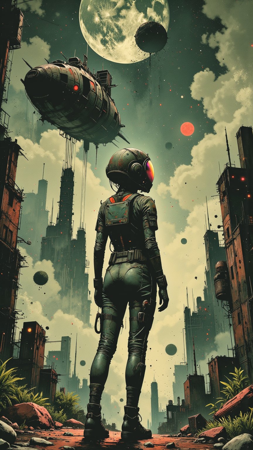 A girl in a futuristic spacesuit stands at the edge of an alien landscape, her helmet tilted upwards towards the celestial canvas above. Soft, lunar light casts an otherworldly glow on her face, as she surveys the floating islands and ancient ruins scattered before her. The atmosphere is alive with discovery, as if she's unearthed long-forgotten secrets among the mystical ruins.