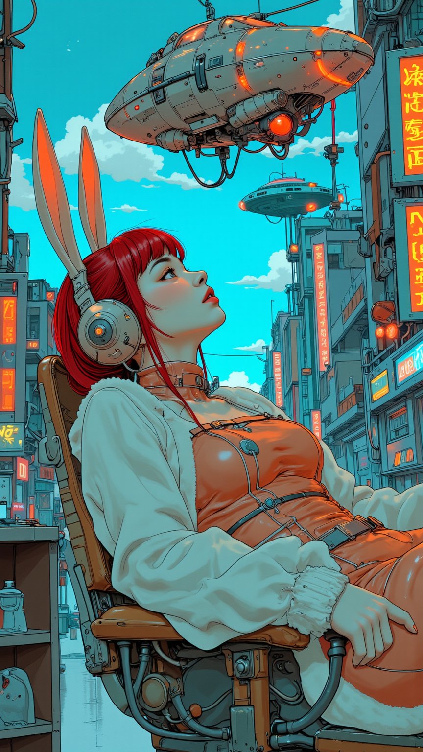 A sultry bunnygirl, styled in 1950s flair, reclines on a sleek metallic chair amidst retro-futuristic gadgetry and neon lights. Framed against a bright blue backdrop, her crimson hair bouffanted, long eyelashes batting at a miniature spaceship hovering above her head. Metallic accents adorn her ears and collar as she poses, surrounded by sci-fi trappings. A futuristic cityscape unfolds behind her, with towering skyscrapers and flying cars zipping by, blending vintage charm with intergalactic excitement.