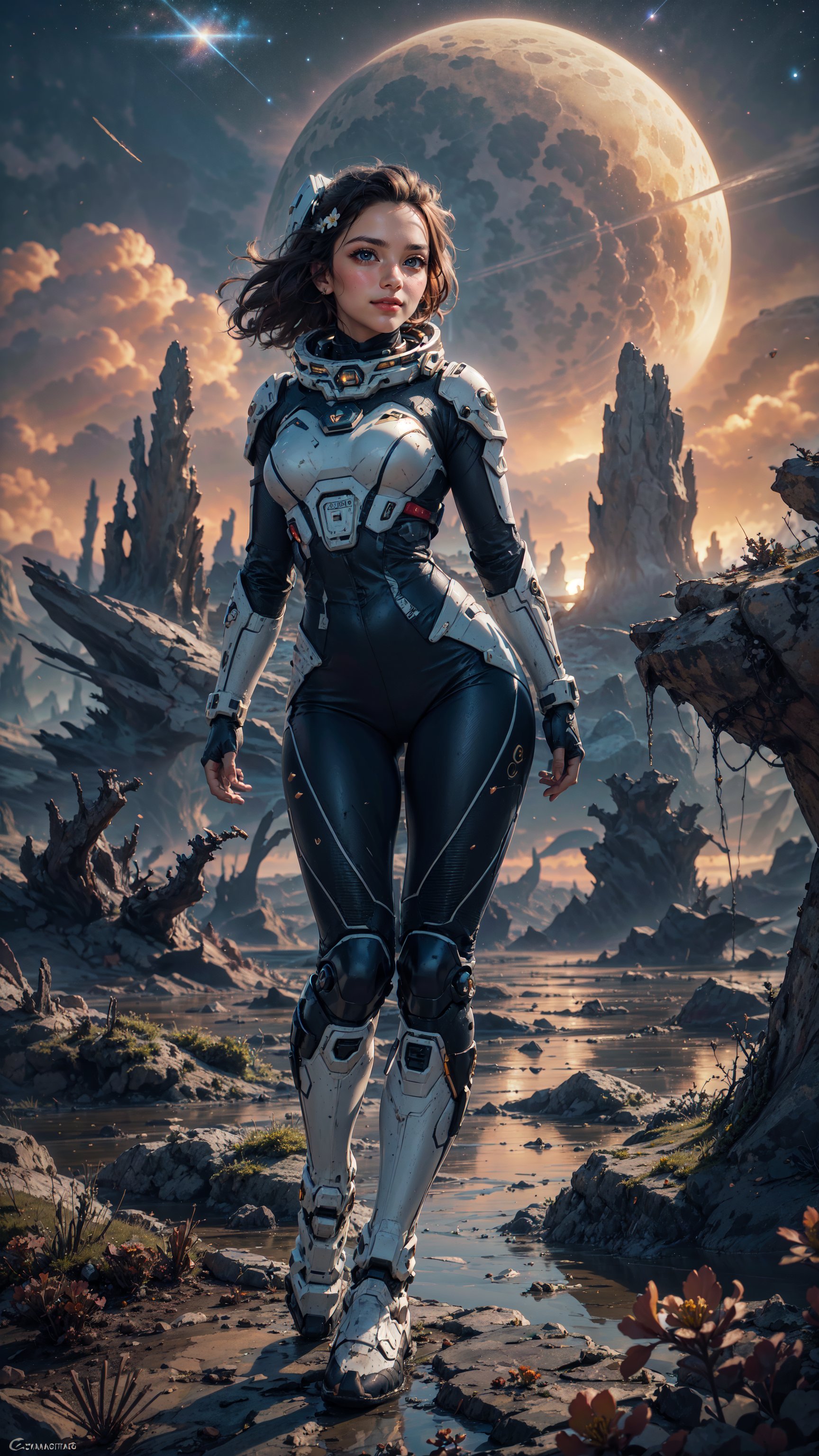 A stunning photorealistic image of a ravishing(( retro space girl ))posing confidently ((Close UP)) in front of a breathtaking sunset-lit alien landscape. Dramatic rock formations tower in the background, while wind-whipped clouds billow across the sky. The space ranger Girl wears a High GLOSSY white Thight Plugsuit with light Blue blue accents, striking a pose that exudes vintage sci-fi glamour. The rule of thirds composition draws the viewer's eye to her captivating gaze, as rich colors and sharp focus create an image of unparalleled detail.Full Body,Dynamic Angle,lake,alien plants,cosmiclandscapes,mysterious,strange rock formations,barren planet,desert,strange growths,((Flowers)) ,Cowboy Shot,