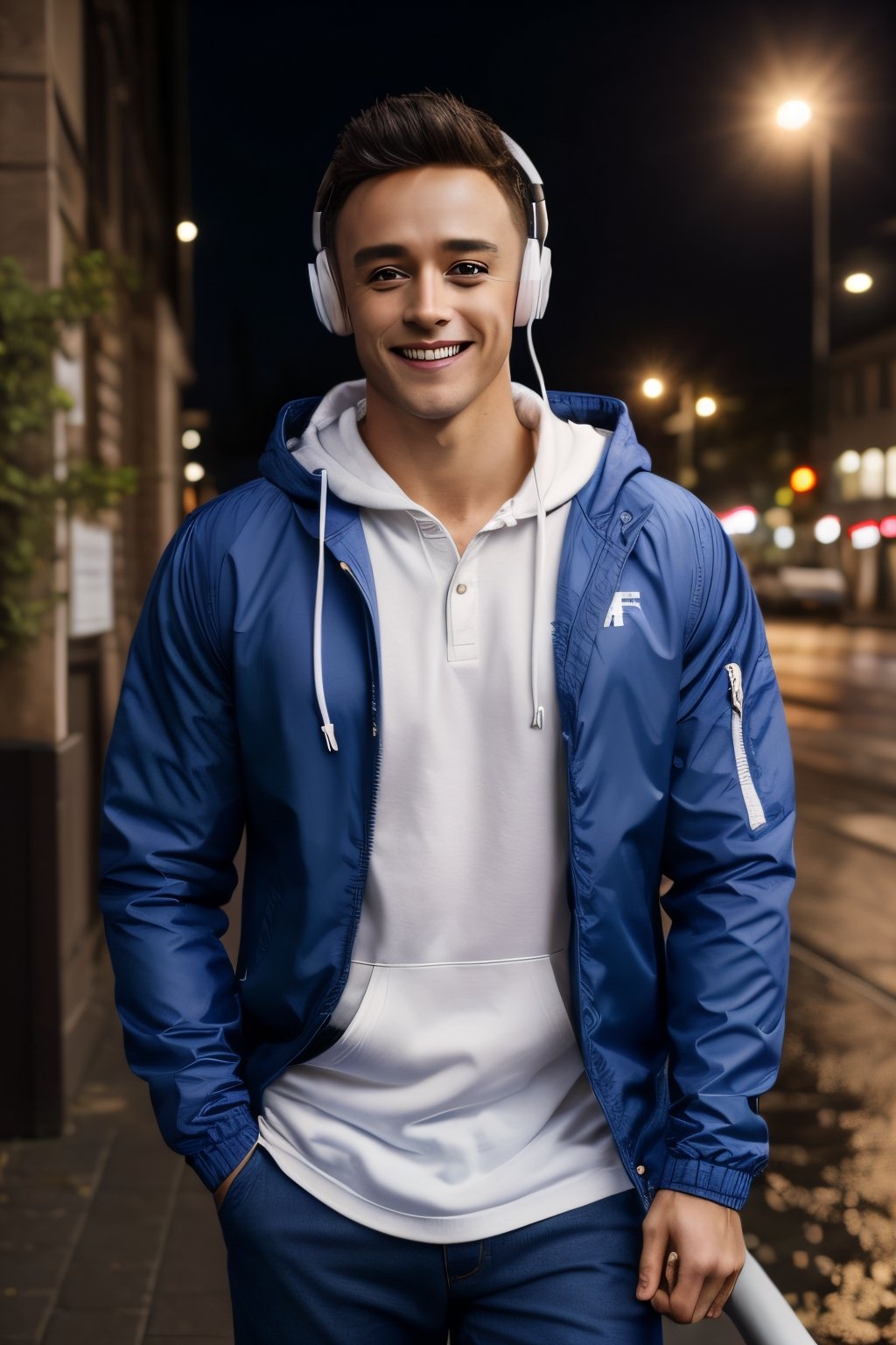 [Tom Daley: Tom Holland: 0.75], hood, headphones, hoodie, hands_in_pockets, male_focus, hooded_jacket, 1boy, orange_hair, highly detailed glossy eyes, bright smil, (rain), headphones_around_neck, jacket, ((hood_down)), hand_in_pocket, drawstring, necklace, jewelry, shirt, solo, looking_at_viewer, pants, open_clothes, rim lighting, studio lighting, looking at the camera, dslr, ultra quality, sharp focus, tack sharp, dof, film grain, Fujifilm XT3, crystal clear, 8K UHD, highly detailed glossy eyes, high detailed skin, skin pores, Germany Male,Germany Male,France Male,European Country would you Like