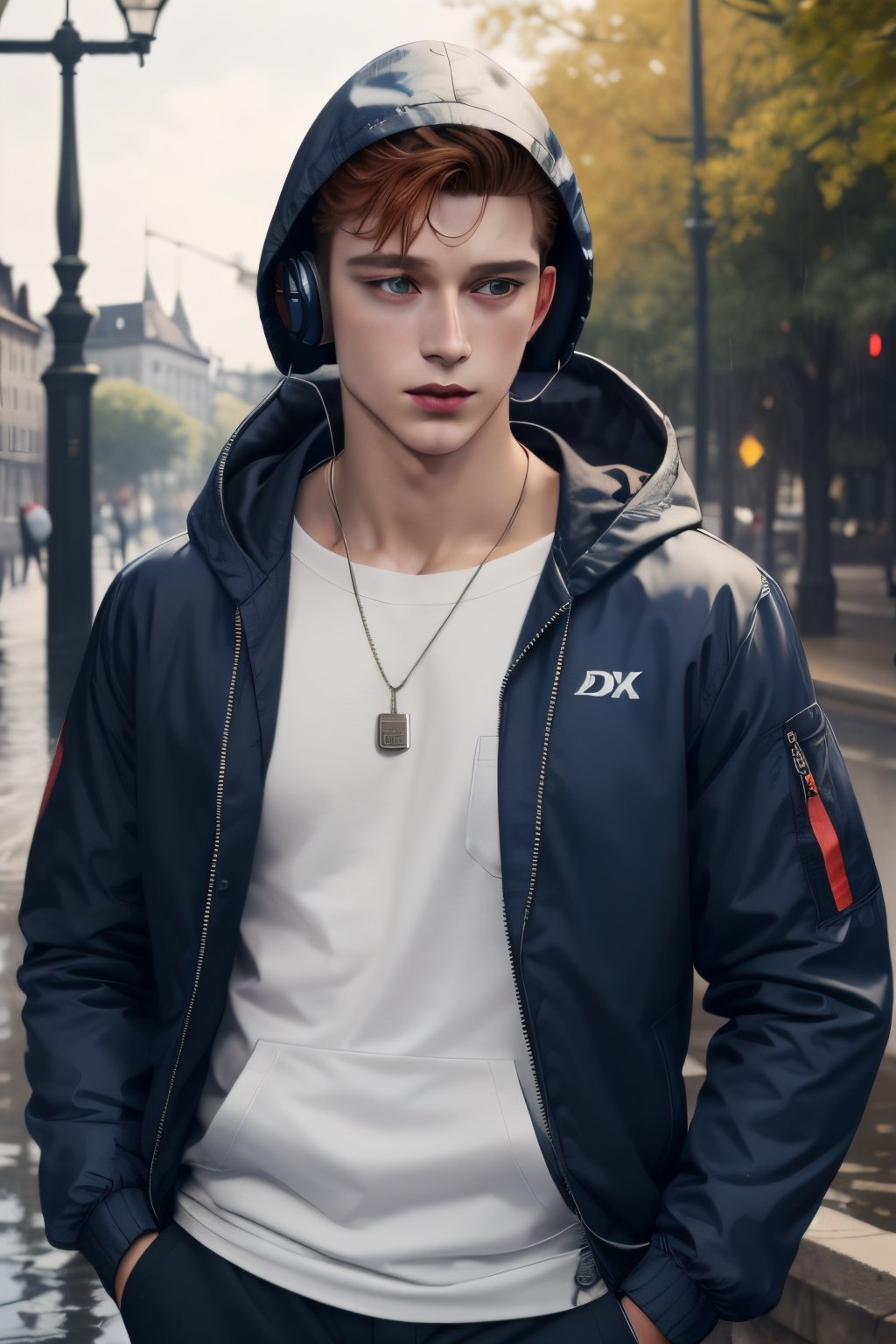 [Tom Daley: Tom Holland: 0.75], hood, headphones, hoodie, hands_in_pockets, male_focus, hooded_jacket, 1boy, orange_hair, highly detailed glossy eyes, rain, headphones_around_neck, jacket, hood_down, hand_in_pocket, drawstring, necklace, jewelry, shirt, solo, looking_at_viewer, pants, open_clothes, rim lighting, studio lighting, looking at the camera, dslr, ultra quality, sharp focus, tack sharp, dof, film grain, Fujifilm XT3, crystal clear, 8K UHD, highly detailed glossy eyes, high detailed skin, skin pores, Germany Male,Germany Male,France Male,European Country would you Like