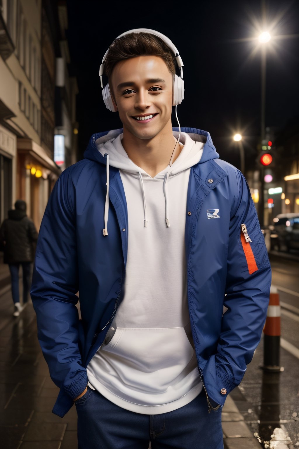 [Tom Daley: Tom Holland: 0.75], hood, headphones, hoodie, hands_in_pockets, male_focus, hooded_jacket, 1boy, orange_hair, highly detailed glossy eyes, bright smil, (rain), headphones_around_neck, jacket, ((hood_down)), hand_in_pocket, drawstring, necklace, jewelry, shirt, solo, looking_at_viewer, pants, open_clothes, rim lighting, studio lighting, looking at the camera, dslr, ultra quality, sharp focus, tack sharp, dof, film grain, Fujifilm XT3, crystal clear, 8K UHD, highly detailed glossy eyes, high detailed skin, skin pores, Germany Male,Germany Male,France Male,European Country would you Like